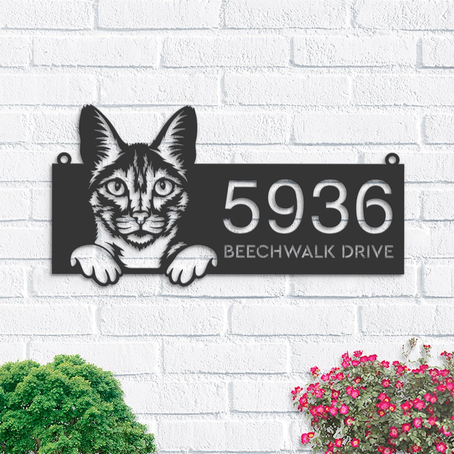 Personalized Savannah Cute peeking cat kitten Metal Address Sign House number Hanging Address Plaque Yard Sign Outdoor Sign Garden Stake