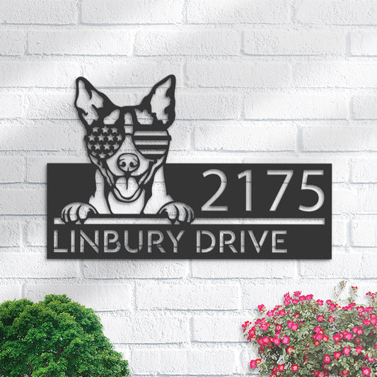 Personalized Rat terrier dog US flag glasses Metal Address Sign House number Hanging Address Plaque Yard Sign Outdoor decor Garden Stake