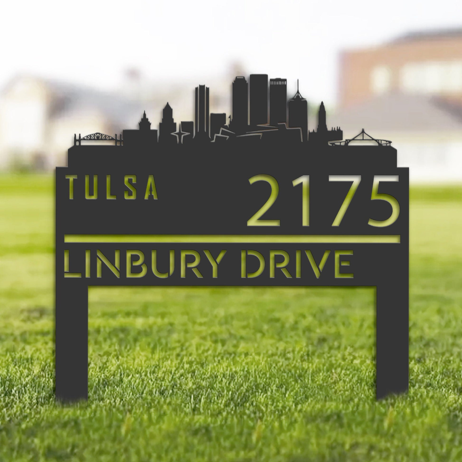 Personalized Tulsa city skyline Metal Address Sign Hanging Address Plaque house number Yard Outdoor Sign Garden Stake