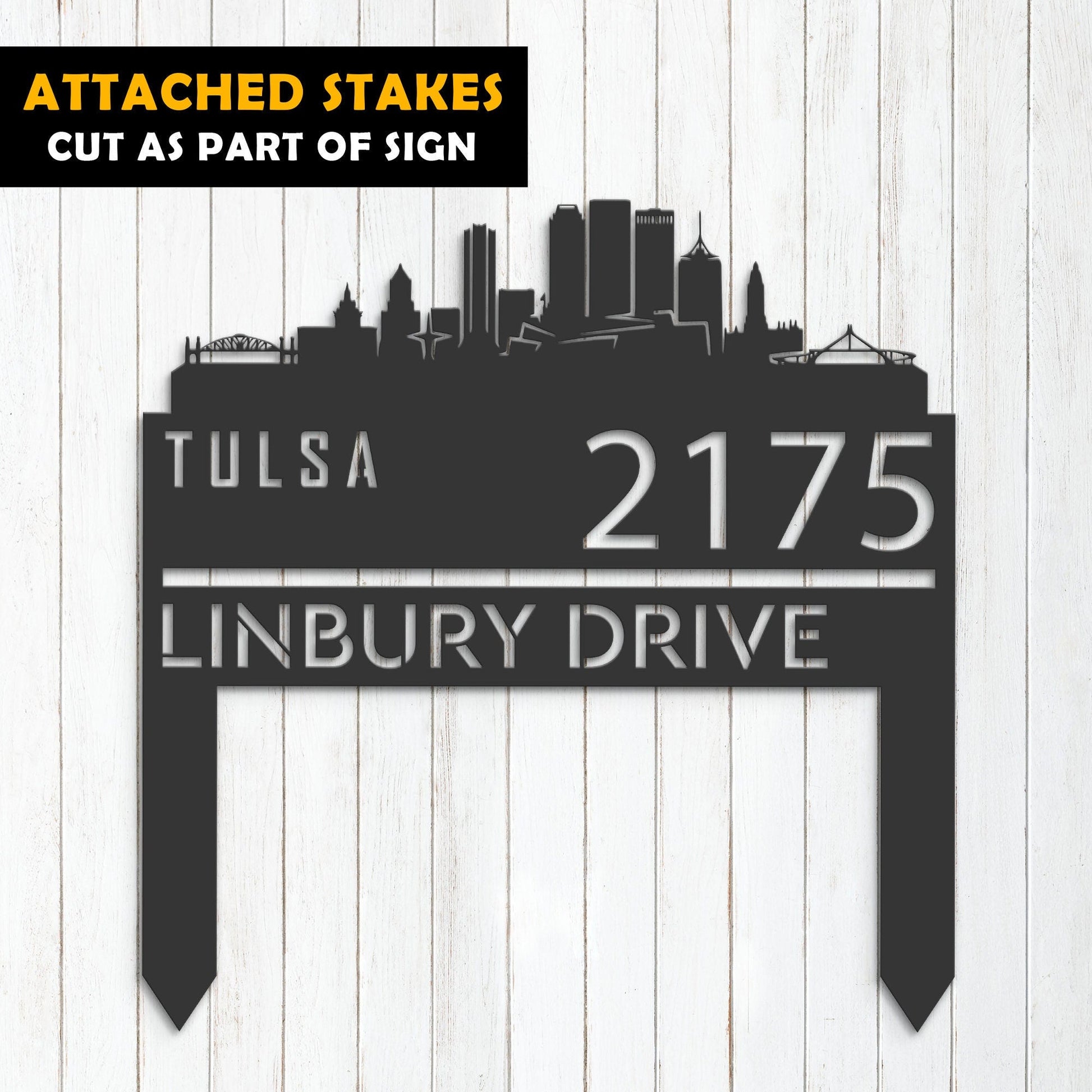 Personalized Tulsa city skyline Metal Address Sign Hanging Address Plaque house number Yard Outdoor Sign Garden Stake