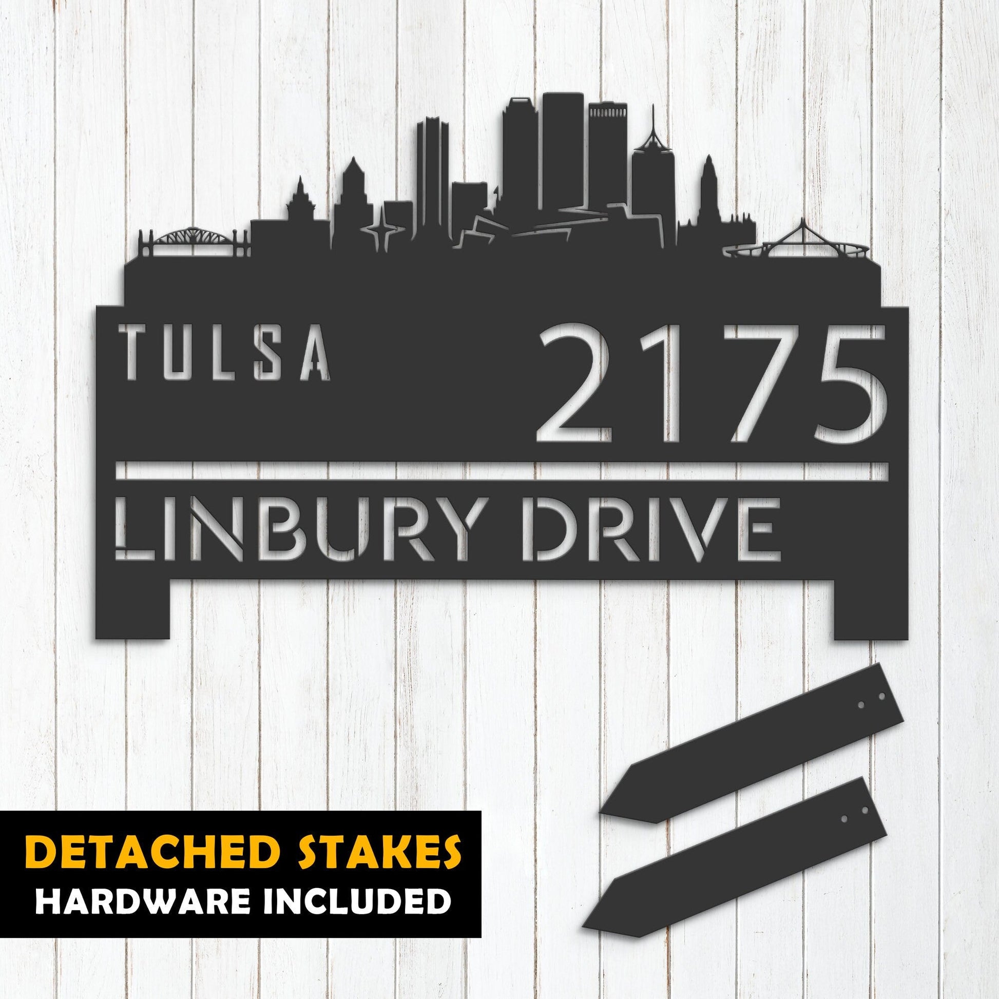 Personalized Tulsa city skyline Metal Address Sign Hanging Address Plaque house number Yard Outdoor Sign Garden Stake