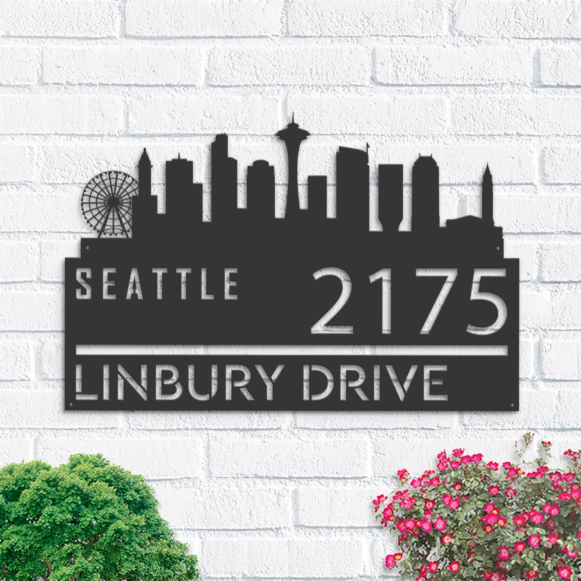 Personalized Seattle city skyline Metal Address Sign Hanging Address Plaque house number Yard Outdoor Sign Garden Stake