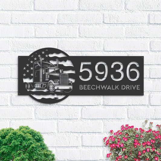 Personalized Semi truck on US flag trucker driver Metal Address Sign House number Hanging Address Plaque Yard Sign Outdoor Sign Garden Stake