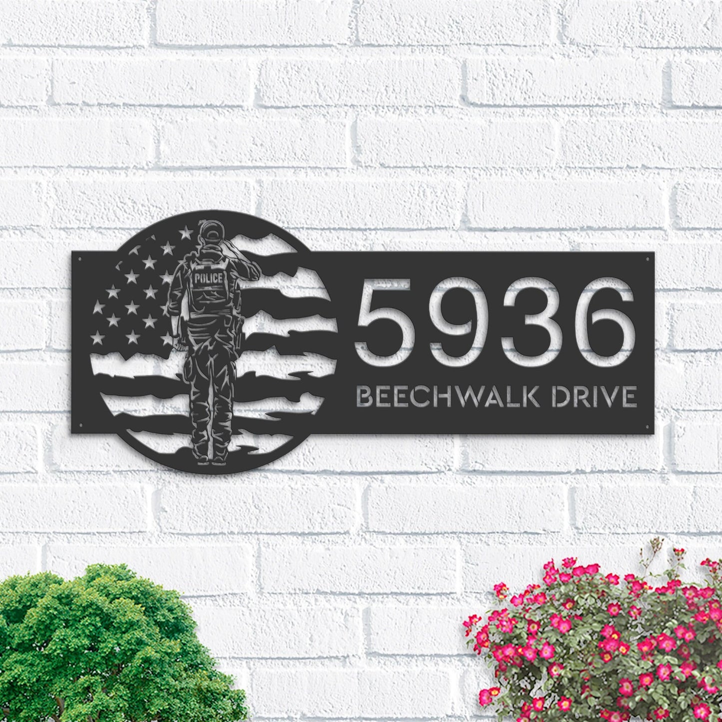 Personalized Policeman police officer US Flag Metal Address Sign House number Hanging Address Plaque Yard Sign Outdoor Garden Stake