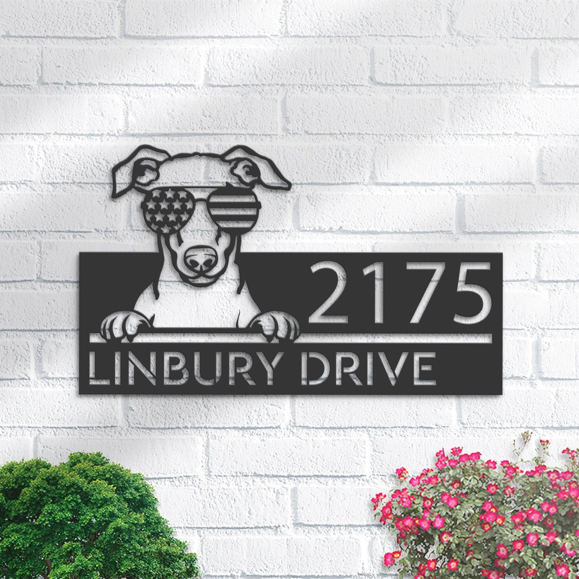 Personalized Whippet dog US flag glasses Metal Address Sign House number Hanging Address Plaque Yard Sign Outdoor decor Garden Stake