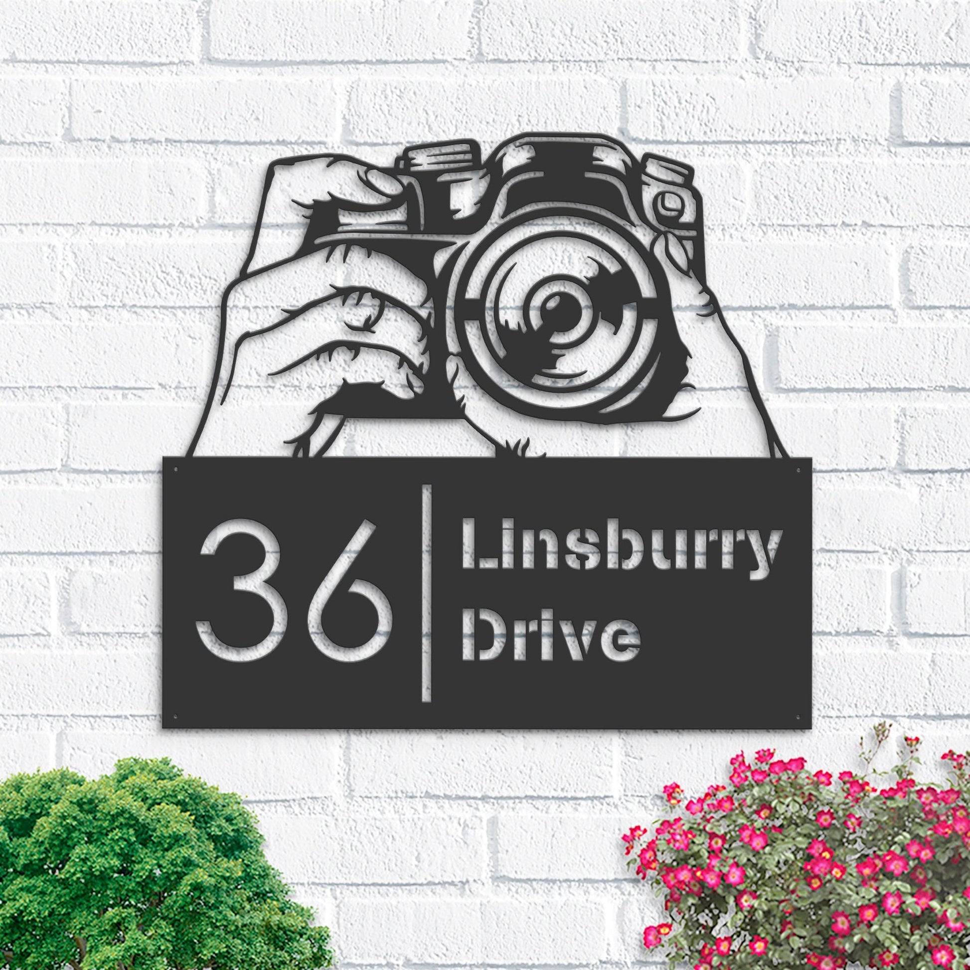 Personalized Hands holding camera photography Metal Address Sign House number Hanging Address Plaque Yard Sign, Outdoor Sign Garden Stake