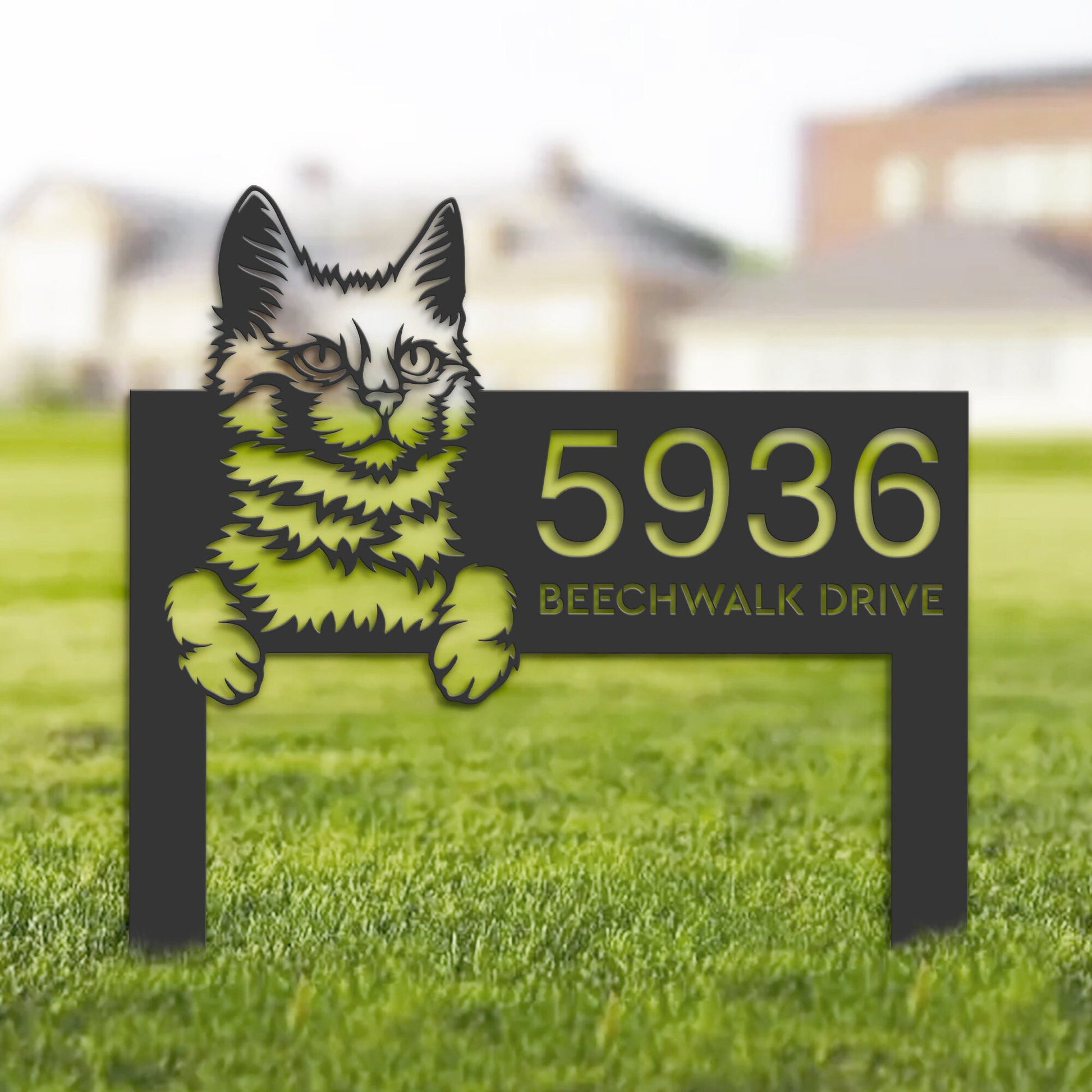 Personalized Turkis Angora Cute peeking cat Metal Address Sign House number Hanging Address Plaque Yard Sign Outdoor Sign Garden Stake