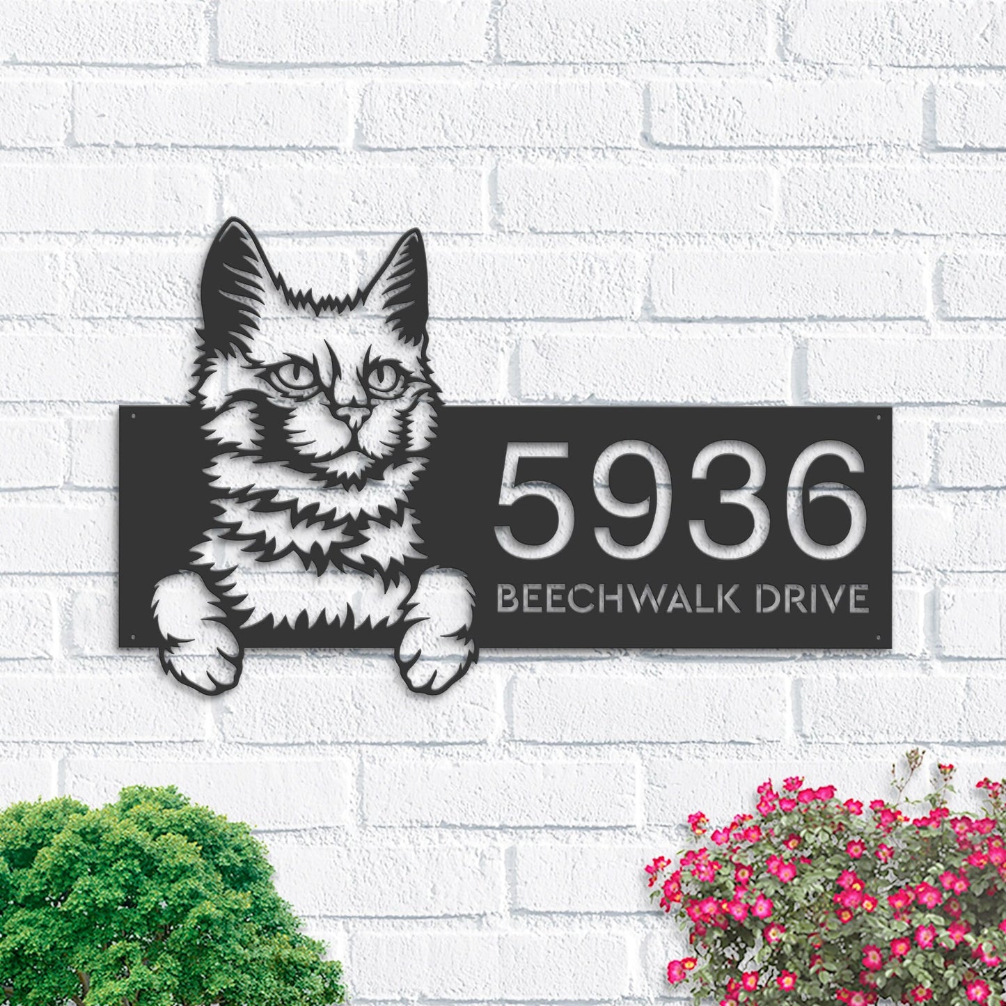 Personalized Turkis Angora Cute peeking cat Metal Address Sign House number Hanging Address Plaque Yard Sign Outdoor Sign Garden Stake