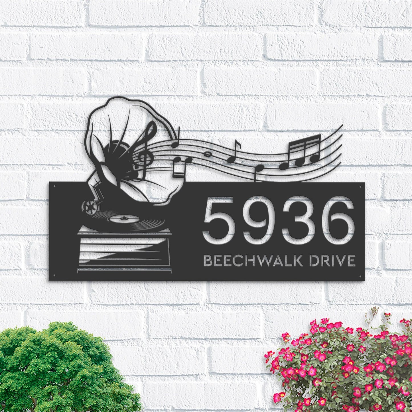 Personalized Gramophone retro record music Metal Address Sign Custom House number Hanging Address Plaque Yard Sign, Outdoor Garden Stake