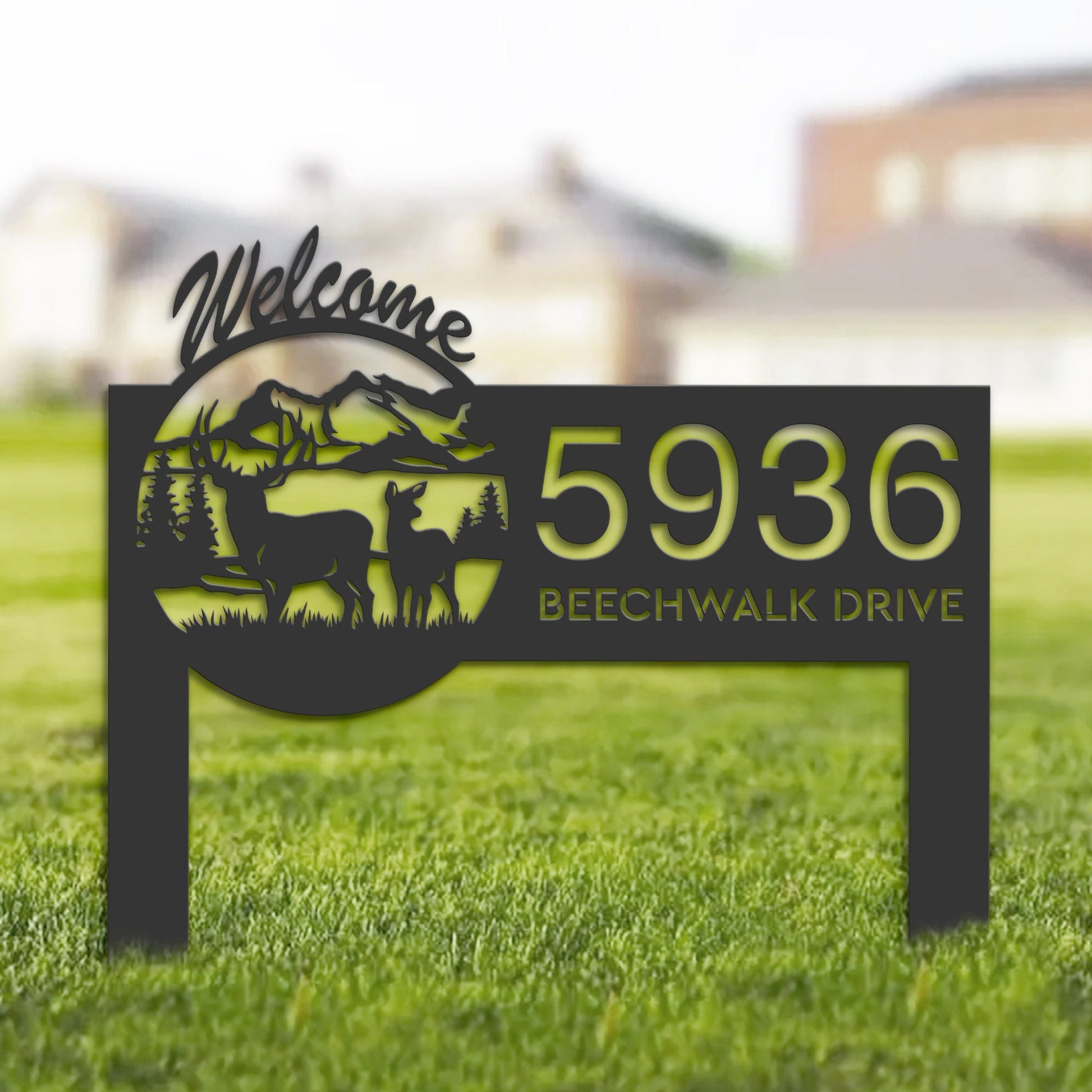 Personalized Deer mountain scene Wildlife Welcome Metal Address Sign | Hanging Address Plaque | Yard Sign, Outdoor Sign | Garden Stake