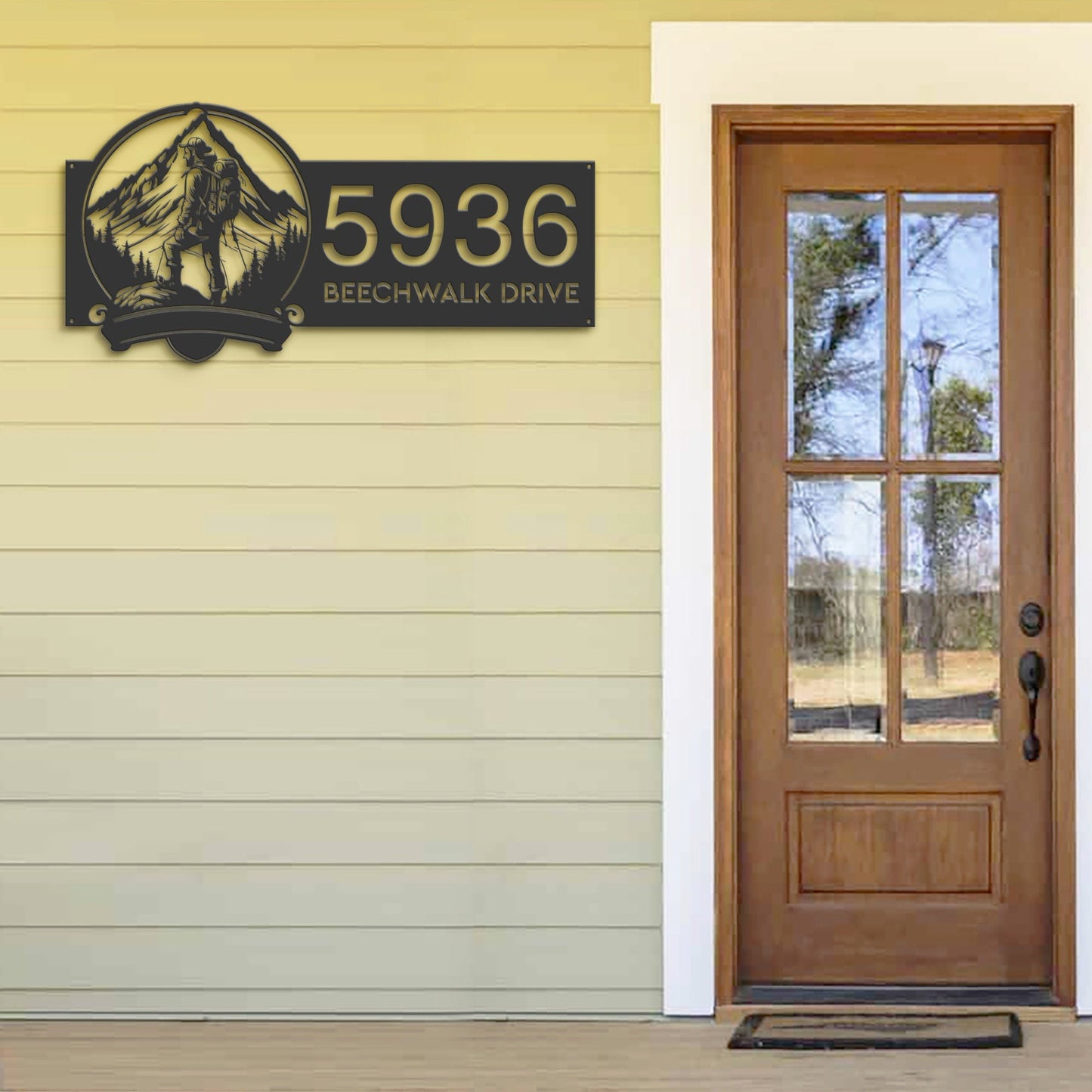 Personalized Mountain hiking Hiker camper Metal Address Sign House Number, Hanging Address Plaque | Yard Sign, Outdoor Sign| Garden Stake