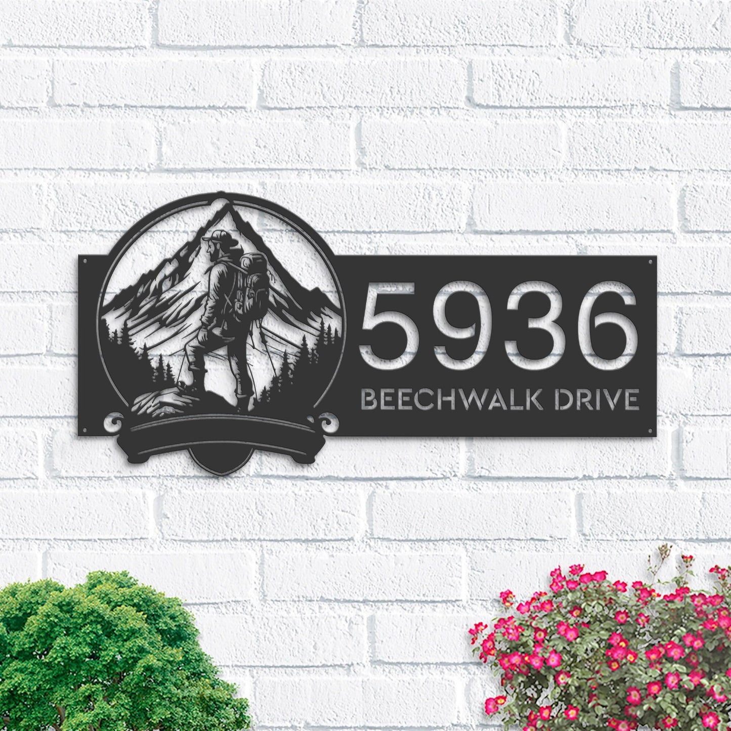 Personalized Mountain hiking Hiker camper Metal Address Sign House Number, Hanging Address Plaque | Yard Sign, Outdoor Sign| Garden Stake