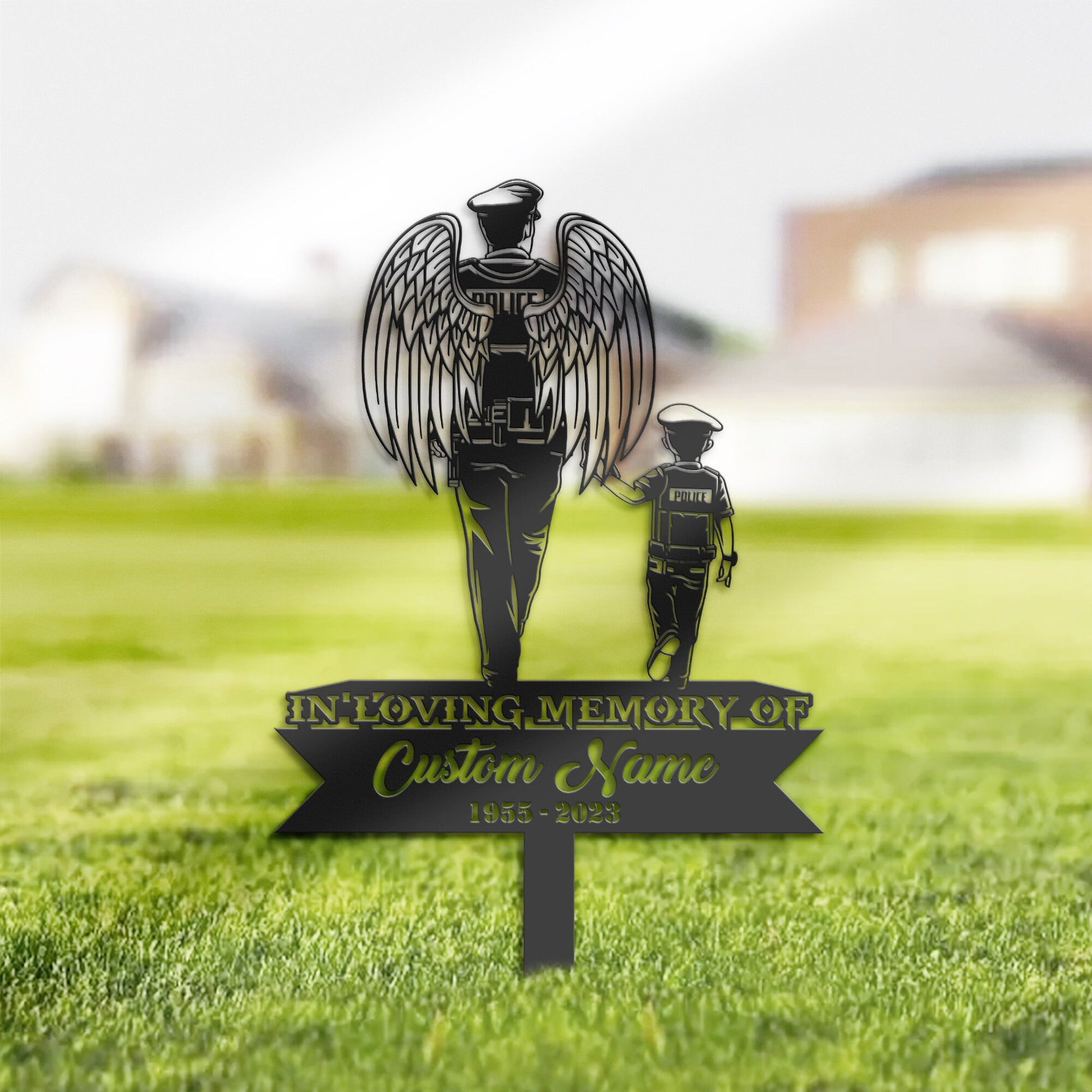 Personalized Angel police officer father and son Memorial Stake, Metal Stake, Sympathy Sign, Grave Marker, Remembrance Stake