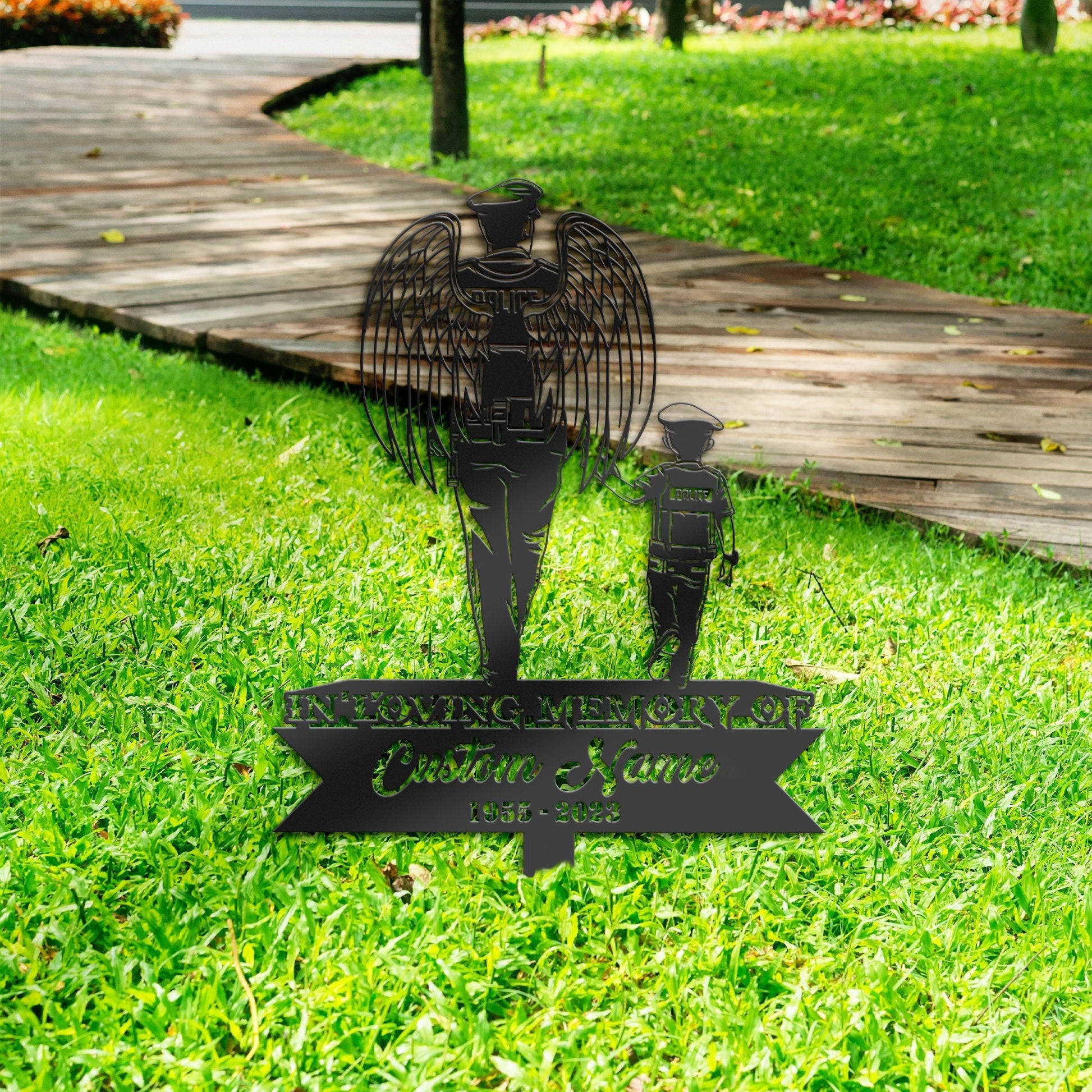 Personalized Angel police officer father and son Memorial Stake, Metal Stake, Sympathy Sign, Grave Marker, Remembrance Stake