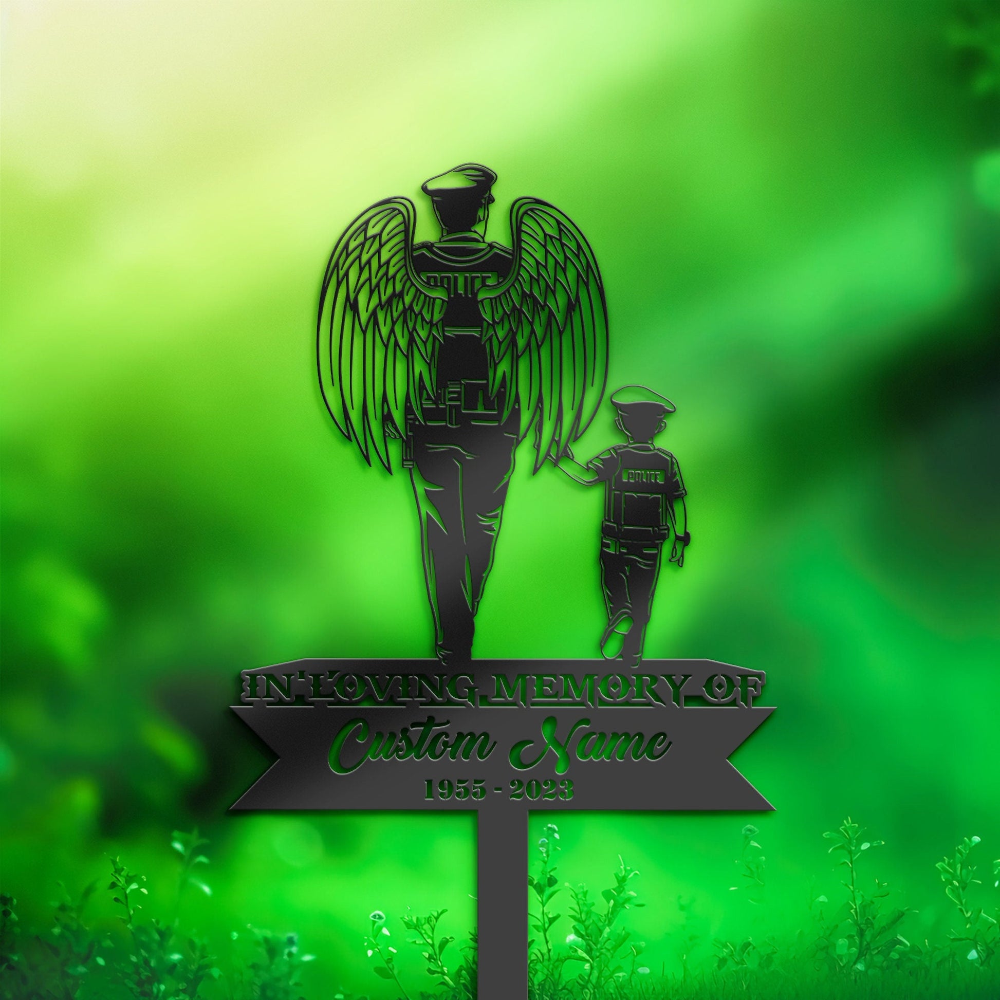 Personalized Angel police officer father and son Memorial Stake, Metal Stake, Sympathy Sign, Grave Marker, Remembrance Stake