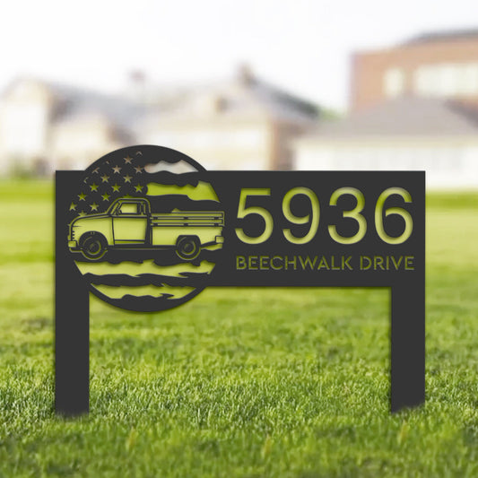 Personalized Farm Trailer US flag Metal Address Sign Custom House number Hanging Address Plaque Yard Sign Outdoor Garden Stake