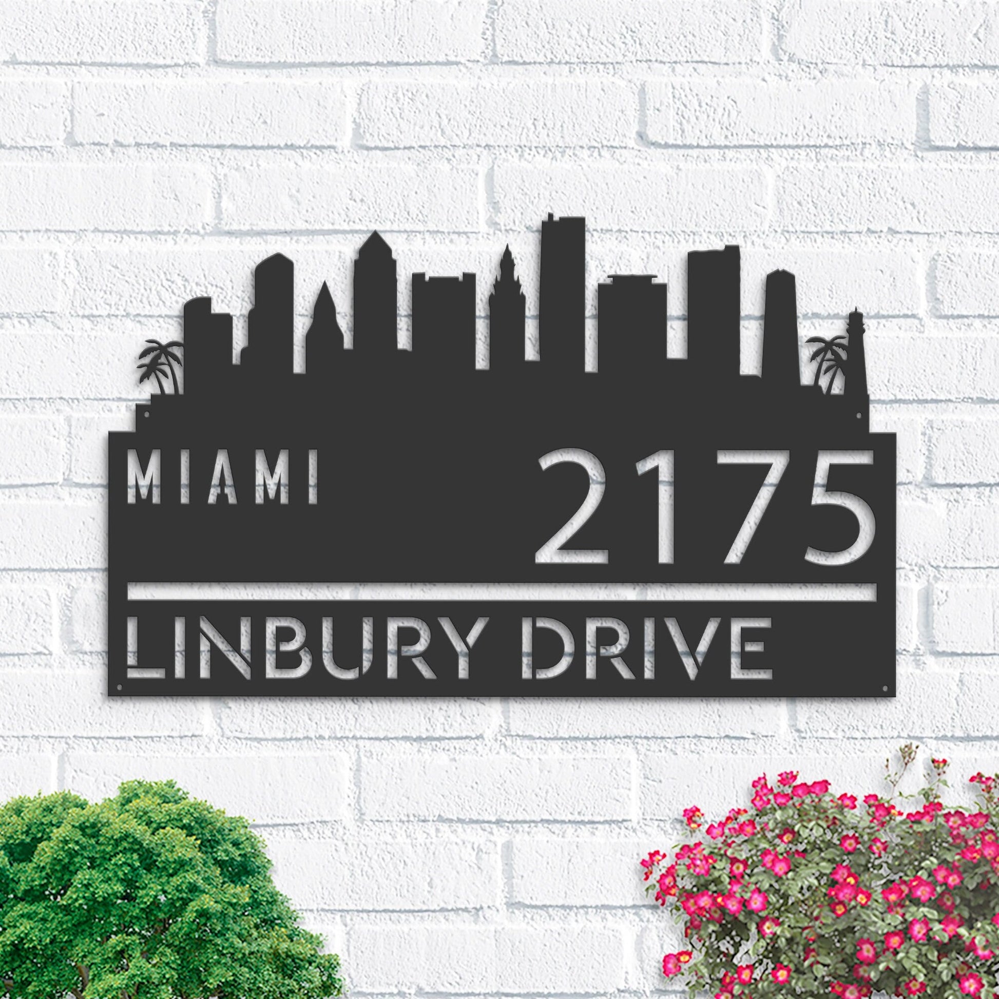 Personalized Miami city skyline Metal Address Sign Hanging Address Plaque house number Yard Outdoor Sign Garden Stake