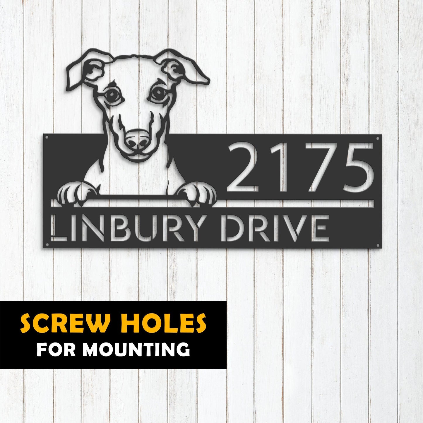 Personalized Whippet Dog, Cute puppy Metal Address Sign House number Hanging Address Plaque Yard Sign Outdoor decor Garden Stake