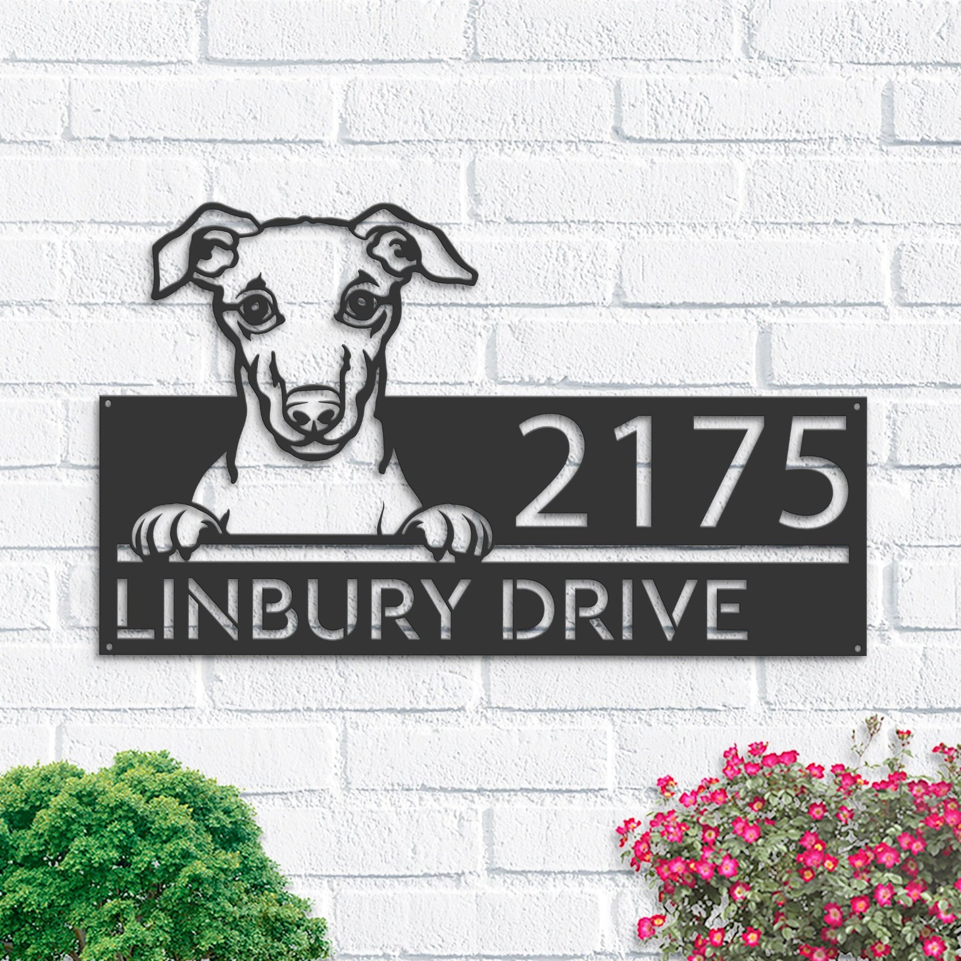 Personalized Whippet Dog, Cute puppy Metal Address Sign House number Hanging Address Plaque Yard Sign Outdoor decor Garden Stake