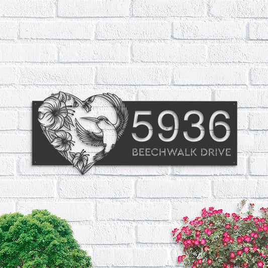 Personalized Hummingbird flowers heart shape Metal Address Sign House number Hanging Address Plaque | Yard Sign, Outdoor Sign | Garden Stake