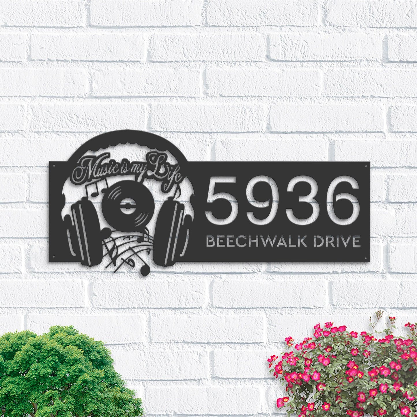 Personalized Music is my life headset Metal Address Sign Custom House number Hanging Address Plaque Yard Sign, Outdoor Garden Stake