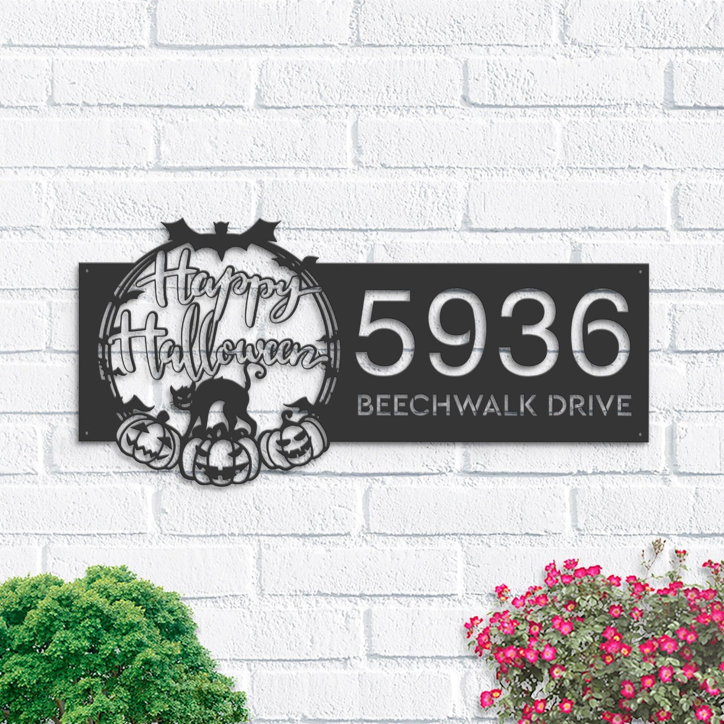 Personalized Halloween black cat pumpkins bats Metal Address Sign Custom House number Hanging Address Plaque Yard Outdoor Sign Garden Stake