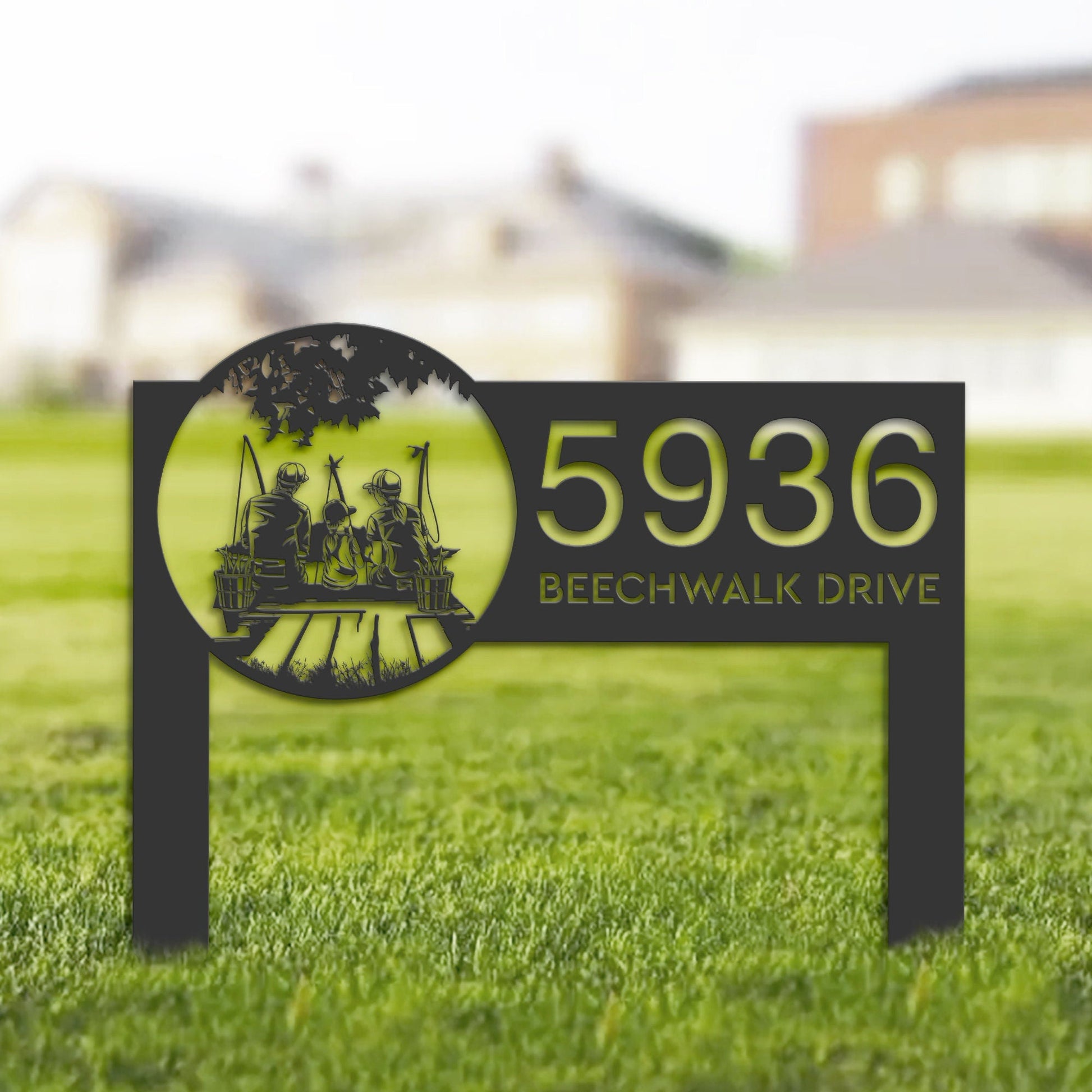 Personalized Father, mom and daughter fishing Metal Address Sign Custom House number Hanging Address Plaque Yard Sign, Outdoor Garden Stake