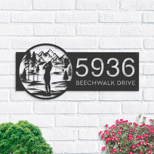 Personalized Golf club Golfer Girl Metal Address Sign House Number, Hanging Address Plaque Yard Sign, Outdoor Sign Garden Stake