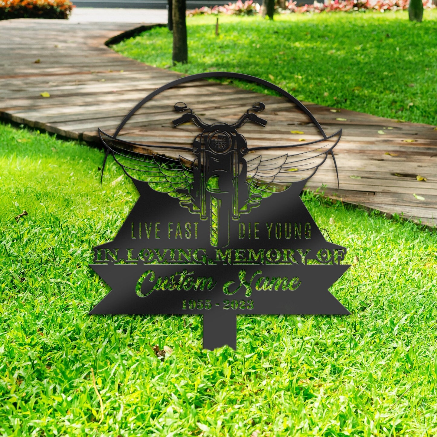 Personalized Motocycle biker live fast die young Memorial Stake, Metal Stake, Sympathy Sign, Grave Marker, Remembrance Stake