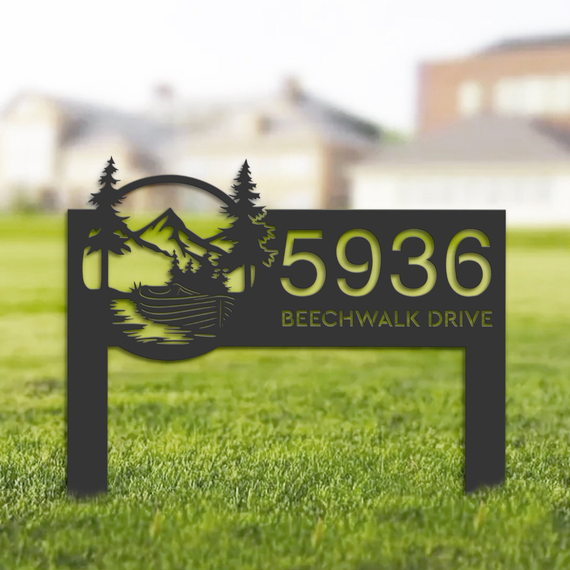 Personalized Boat on River Mountain Forest Wild Scene Metal Address Sign House Number, Hanging Address Plaque | Yard Sign, Outdoor Sign|