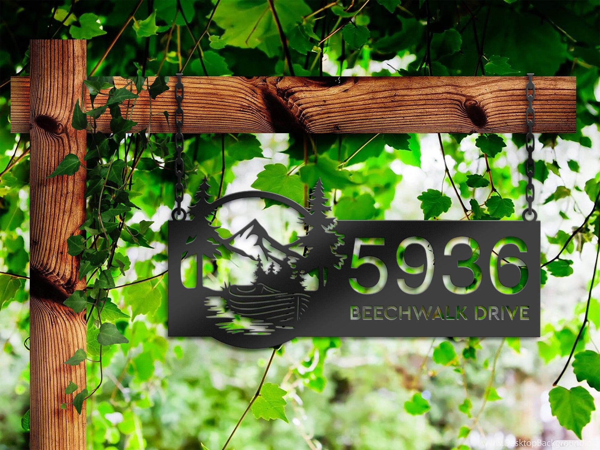 Personalized Boat on River Mountain Forest Wild Scene Metal Address Sign House Number, Hanging Address Plaque | Yard Sign, Outdoor Sign|