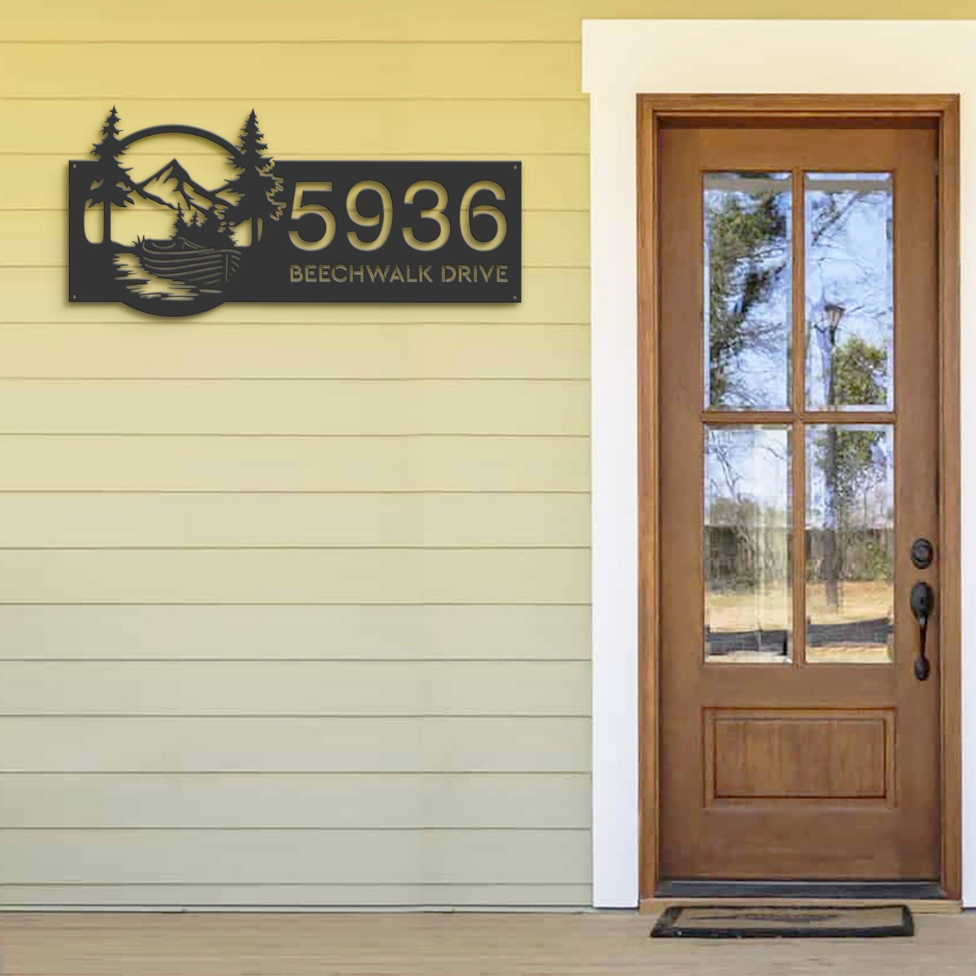 Personalized Boat on River Mountain Forest Wild Scene Metal Address Sign House Number, Hanging Address Plaque | Yard Sign, Outdoor Sign|