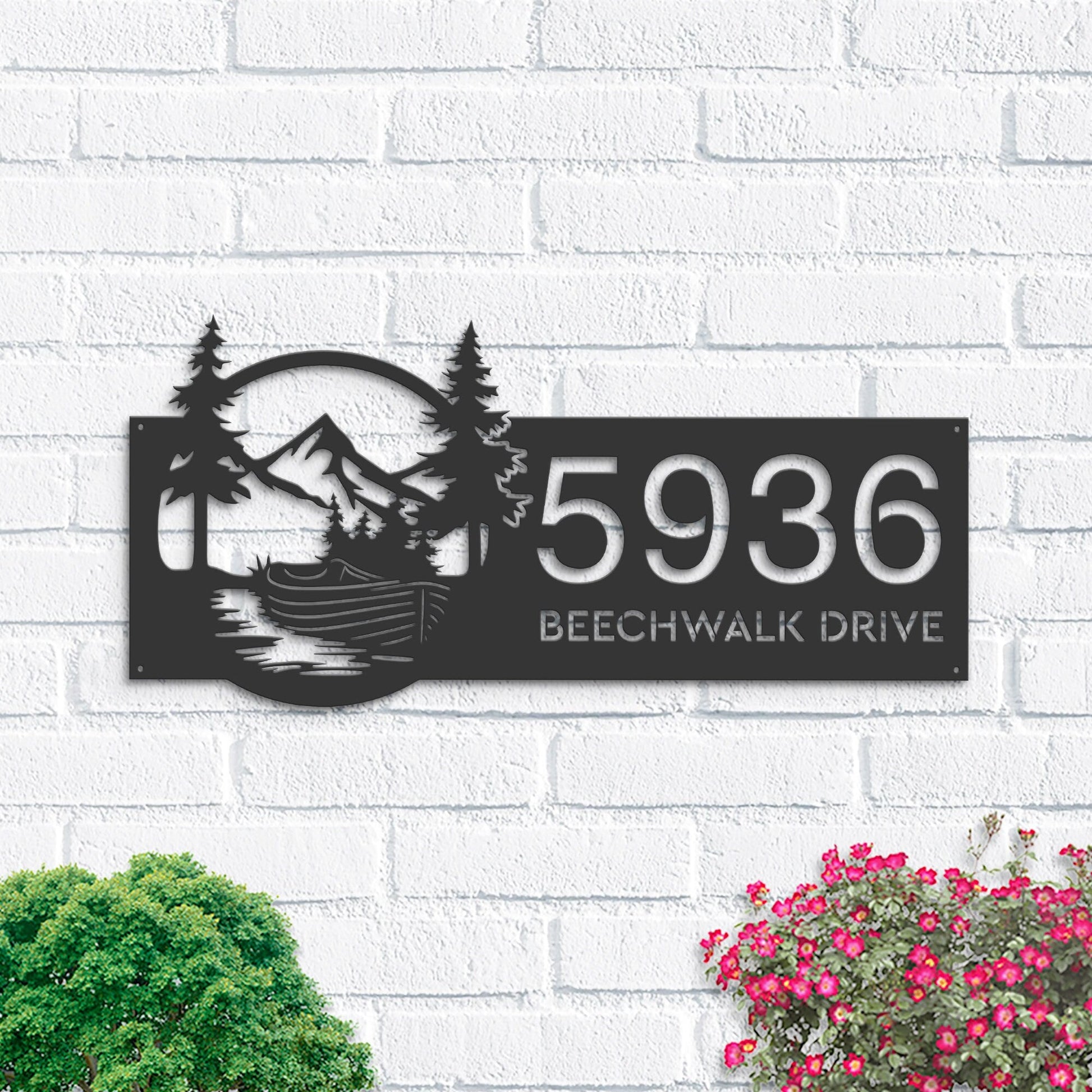 Personalized Boat on River Mountain Forest Wild Scene Metal Address Sign House Number, Hanging Address Plaque | Yard Sign, Outdoor Sign|