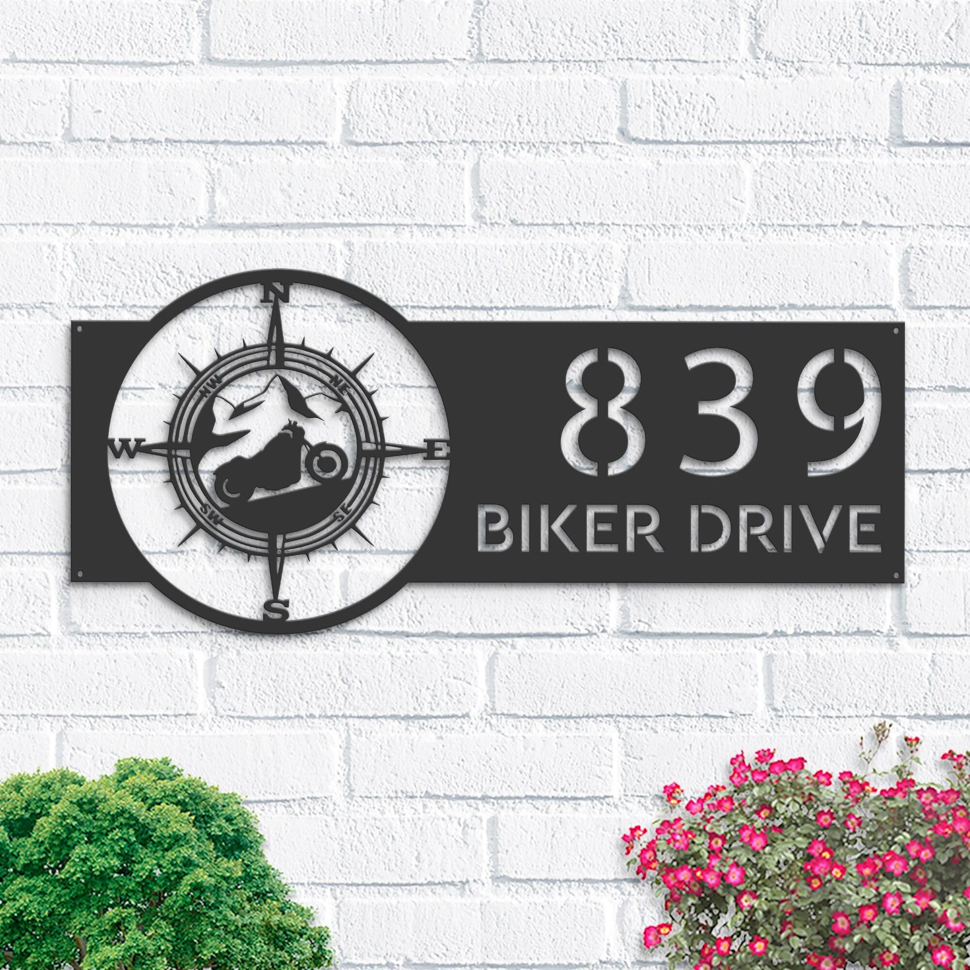 Personalized Motorcycle mountain compass Biker Metal Address Sign | Hanging Address Plaque | Yard Sign, Outdoor Sign | Garden Stake