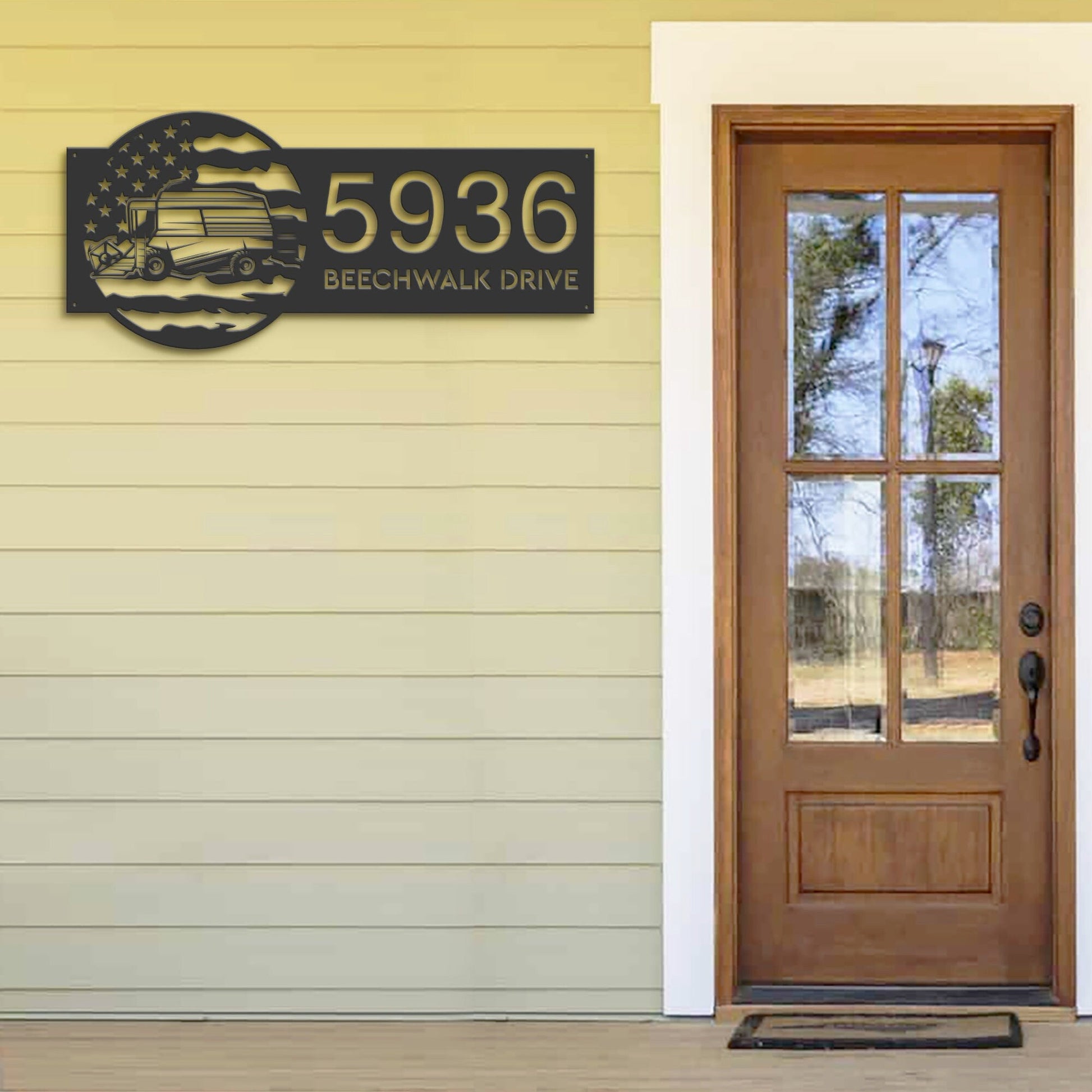 Personalized Collage harvester US flag Farmer Metal Address Sign Custom House number Hanging Address Plaque Yard Sign Outdoor Garden Stake