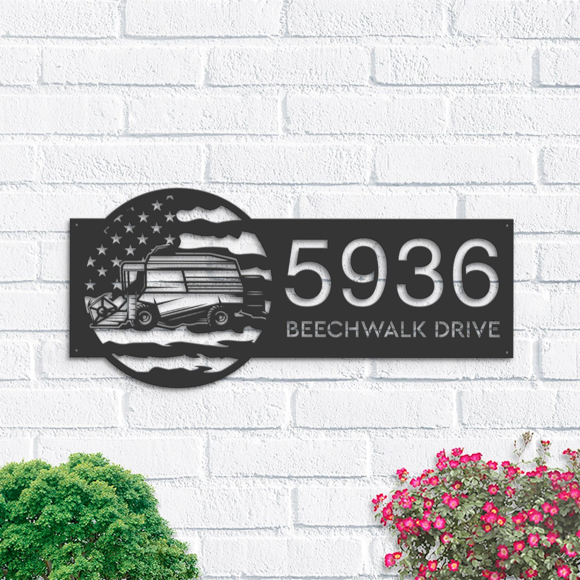 Personalized Collage harvester US flag Farmer Metal Address Sign Custom House number Hanging Address Plaque Yard Sign Outdoor Garden Stake