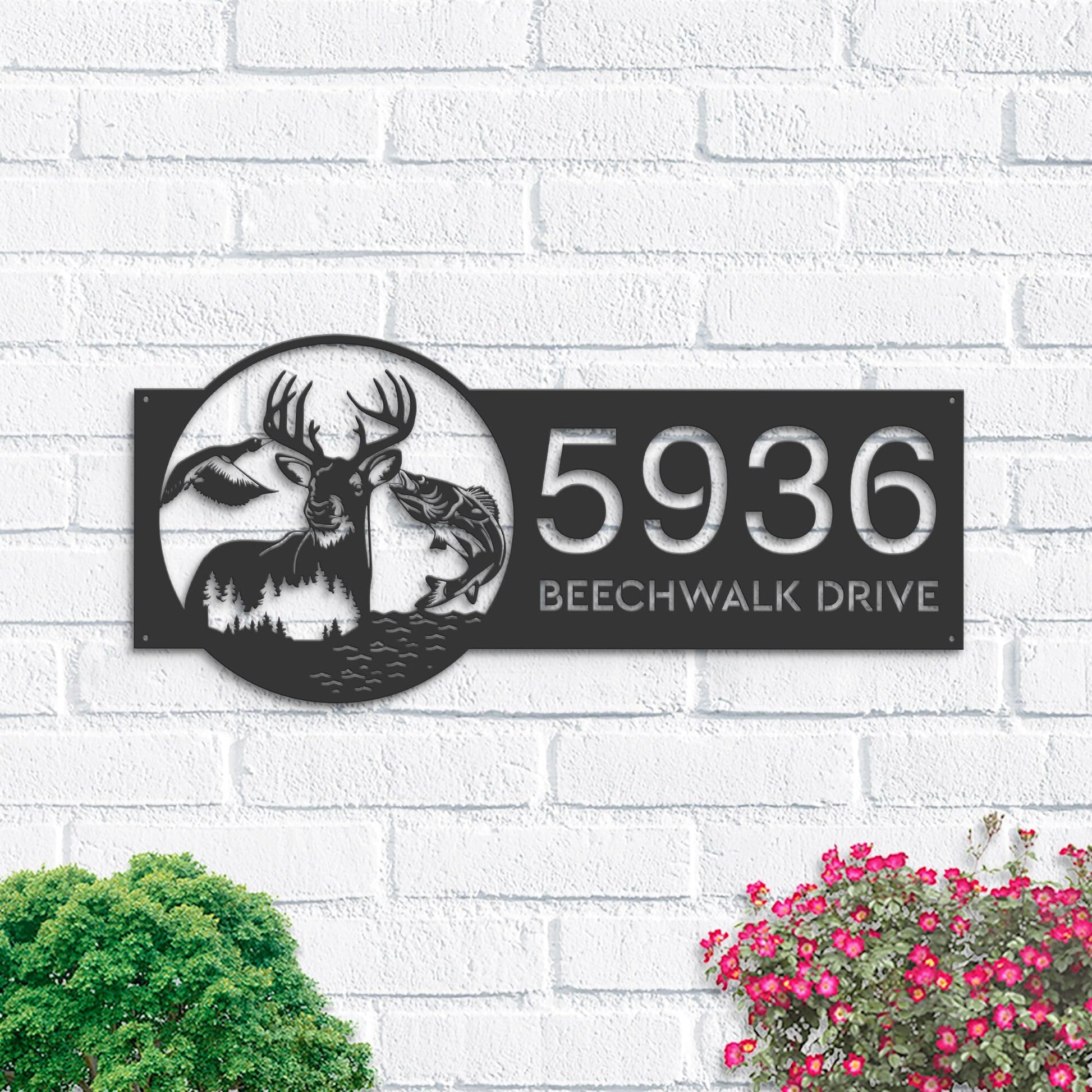 Personalized Deer fish duck fishing Metal Address Sign House number | Hanging Address Plaque | Yard Sign, Outdoor Sign | Garden Stake