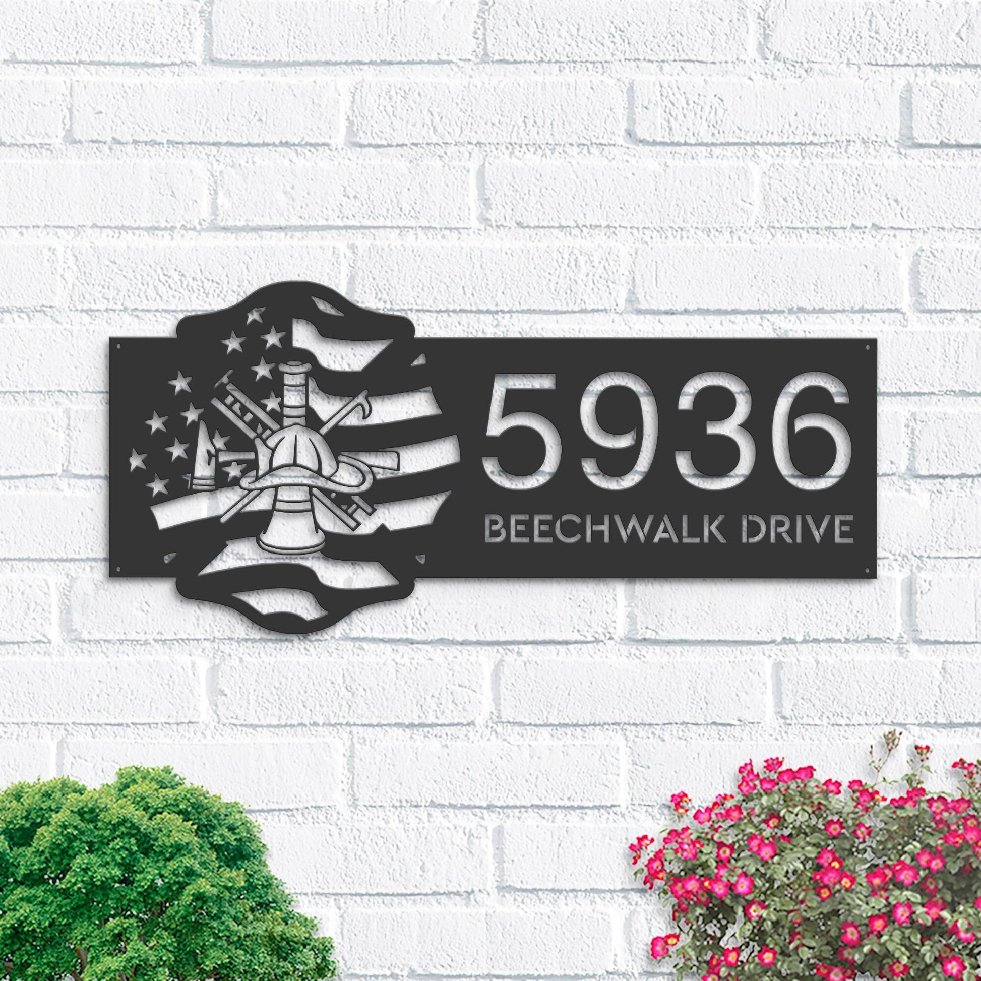 Personalized Fireman fire fighter department US flag Metal Address Sign House number Hanging Address Plaque Yard Sign Outdoor Garden Stake