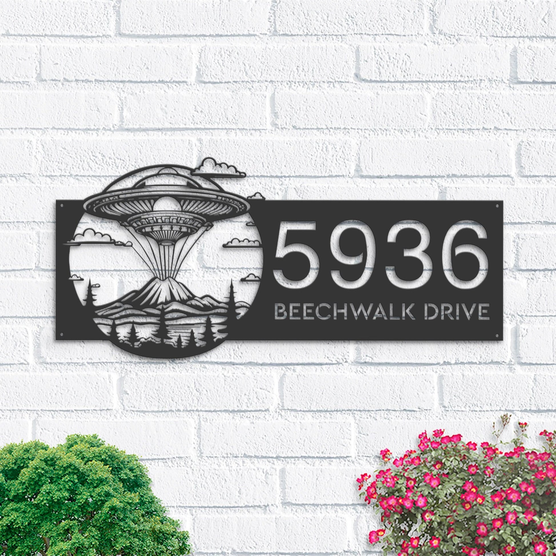 Personalized UFO Spaceship Metal Address Sign House Number, Hanging Address Plaque | Yard Sign, Outdoor Sign| Garden Stake