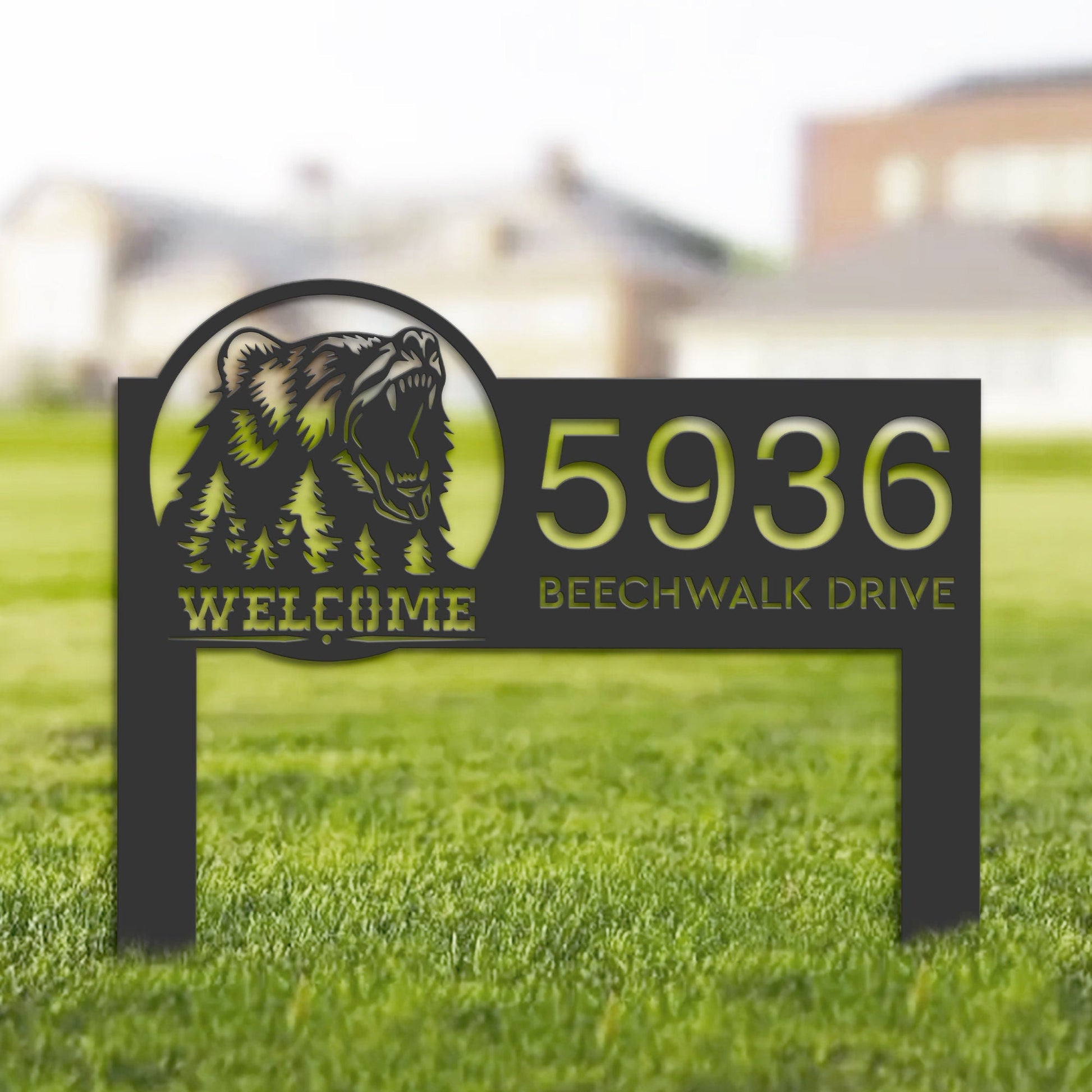 Personalized Bear forest scene wild life animal welcome Metal Address Sign | Hanging Address Plaque | Yard Sign, Outdoor Sign | Garden Stake