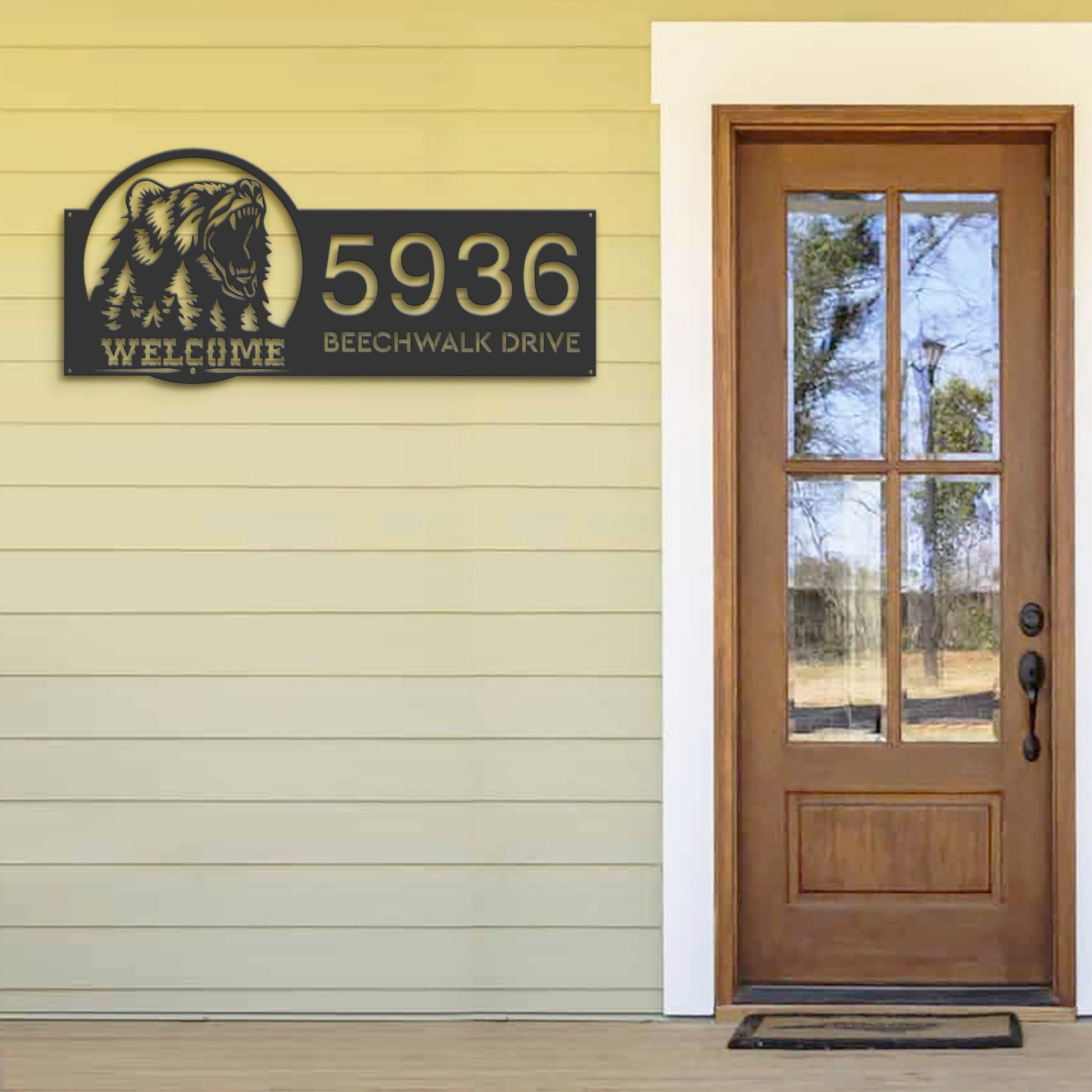 Personalized Bear forest scene wild life animal welcome Metal Address Sign | Hanging Address Plaque | Yard Sign, Outdoor Sign | Garden Stake