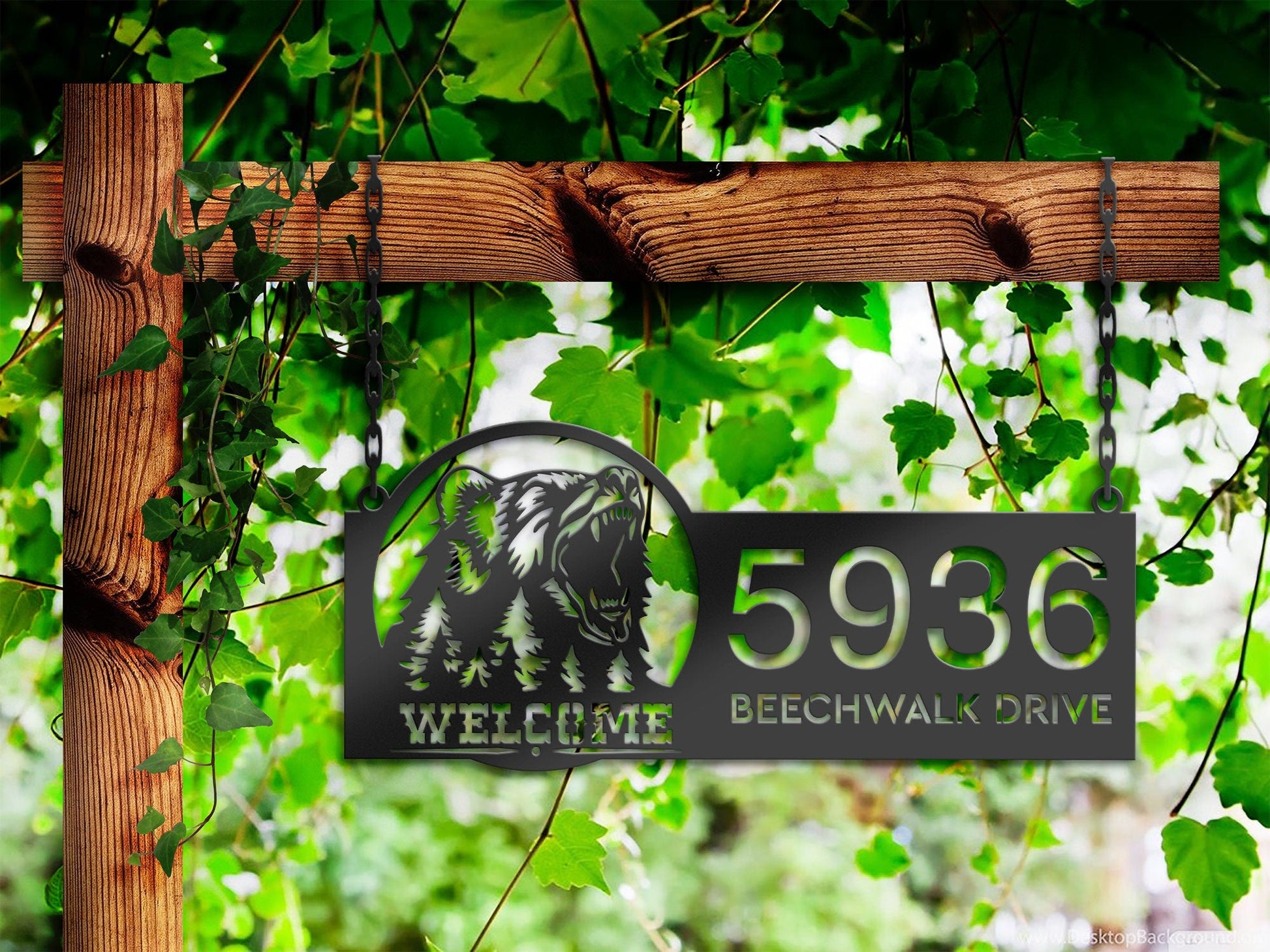 Personalized Bear forest scene wild life animal welcome Metal Address Sign | Hanging Address Plaque | Yard Sign, Outdoor Sign | Garden Stake