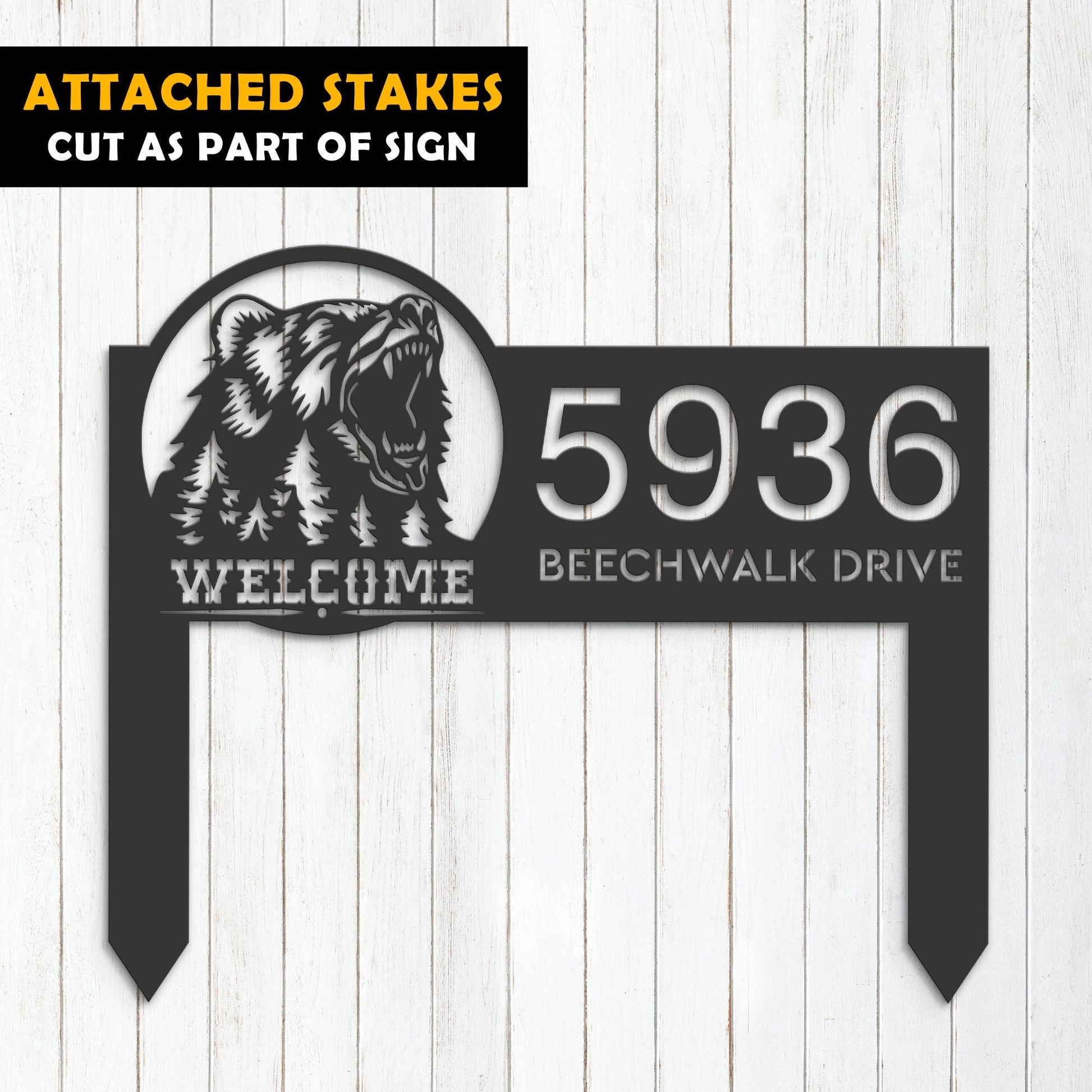 Personalized Bear forest scene wild life animal welcome Metal Address Sign | Hanging Address Plaque | Yard Sign, Outdoor Sign | Garden Stake
