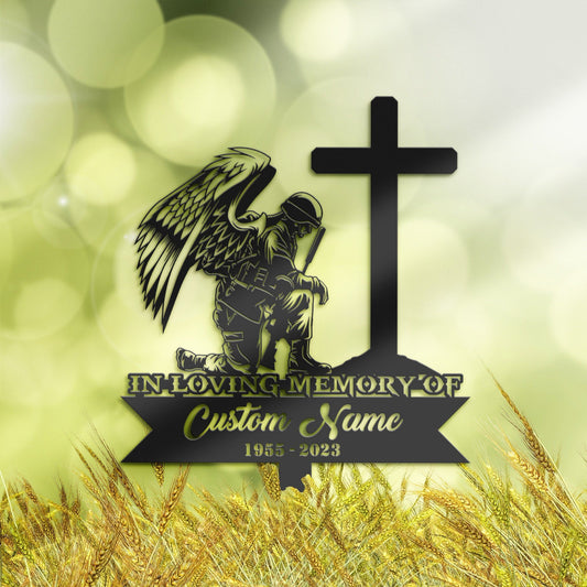 Personalized Soldier kneeling at cross veteran Memorial Stake, Metal Stake, Sympathy Sign, Grave Marker, Remembrance Stake