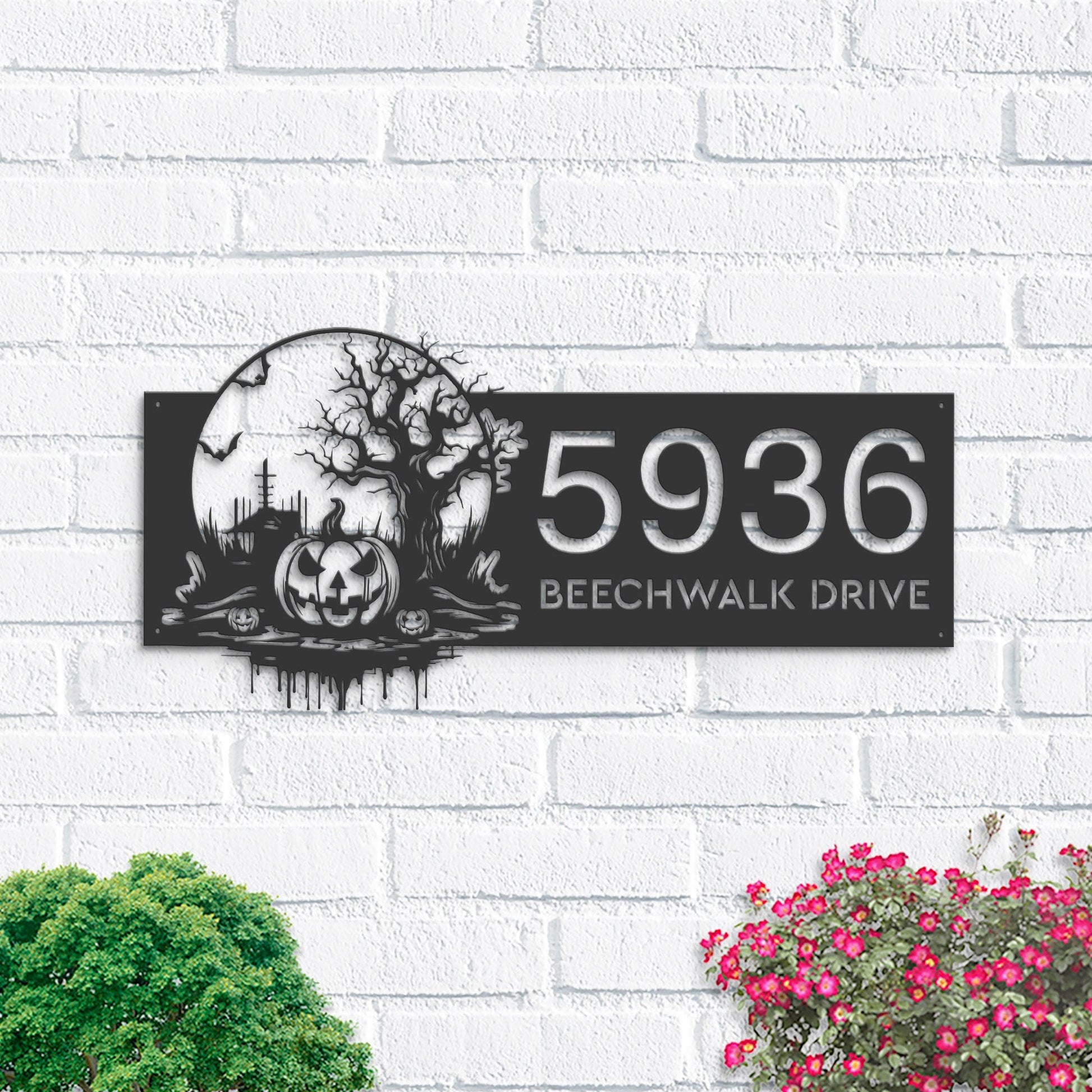 Personalized Haunted scene halloween pumpkin Metal Address Sign Custom House number Hanging Address Plaque Yard Outdoor Sign Garden Stake