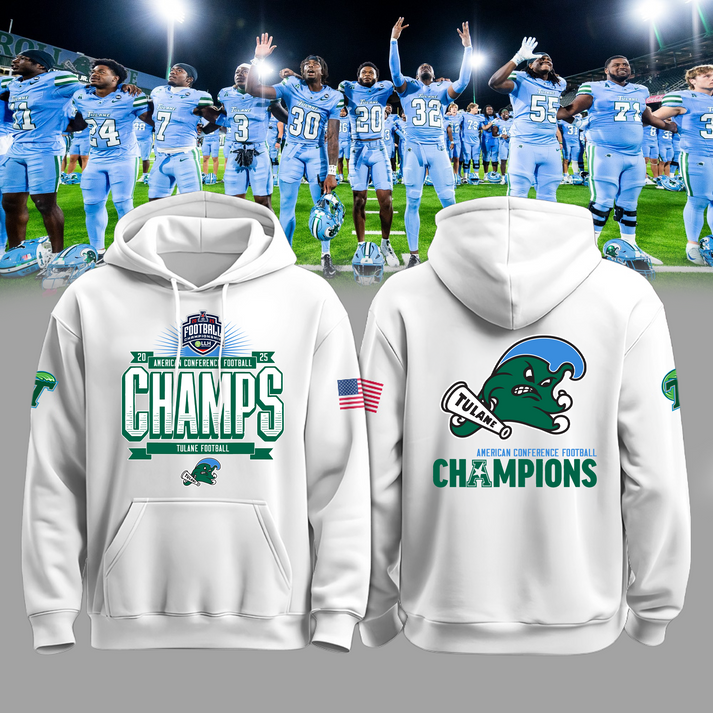 Tulane 2025 American Championship White Hoodie - Tulane Green Wave Football Champions Hoodie - Twinkle My Toes Merch