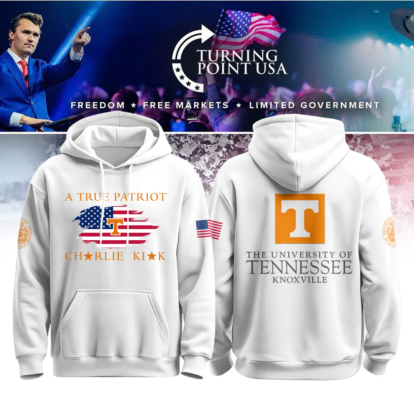 University of Tennessee, Knoxville x Turning Point USA Hoodie - Tennessee Vols Freedom Shirt Exclusive Design & 100% Cotton Fabric