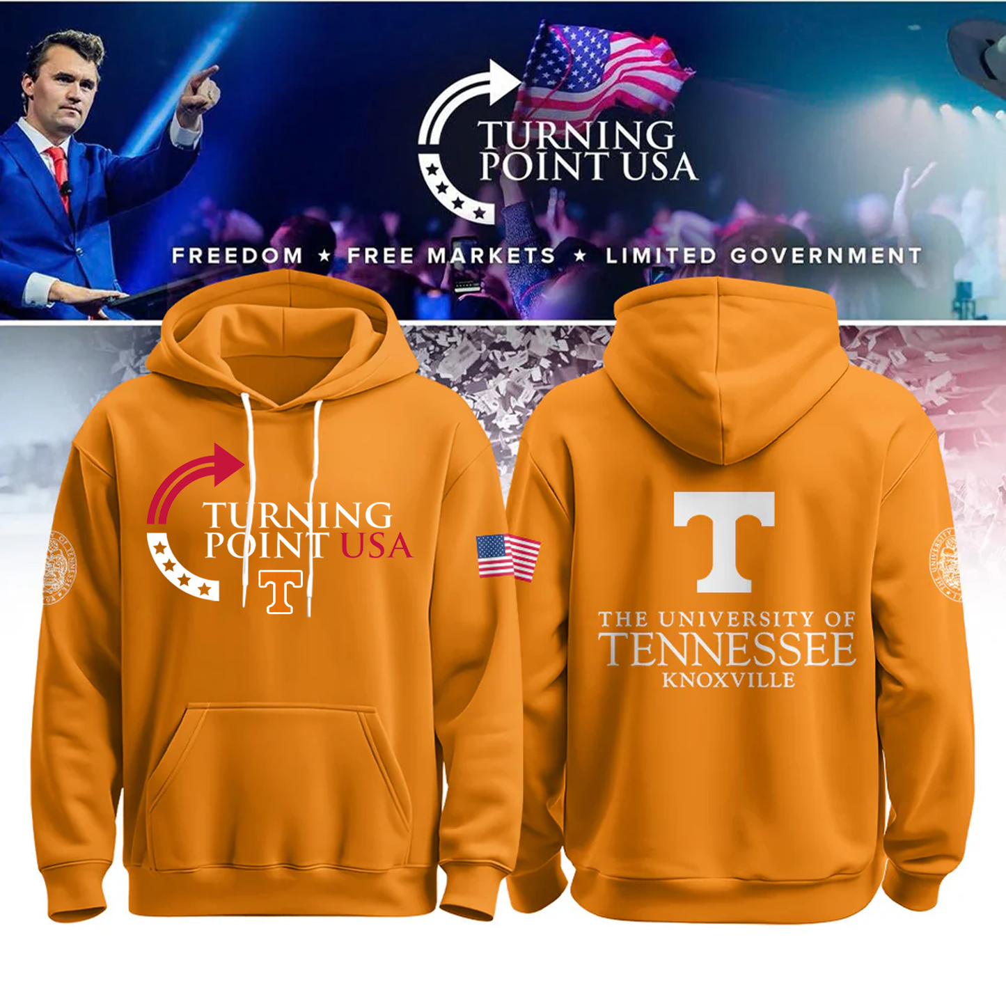 University of Tennessee, Knoxville x Turning Point USA Hoodie - Tennessee Vols Freedom Shirt Exclusive Design & 100% Cotton Fabric