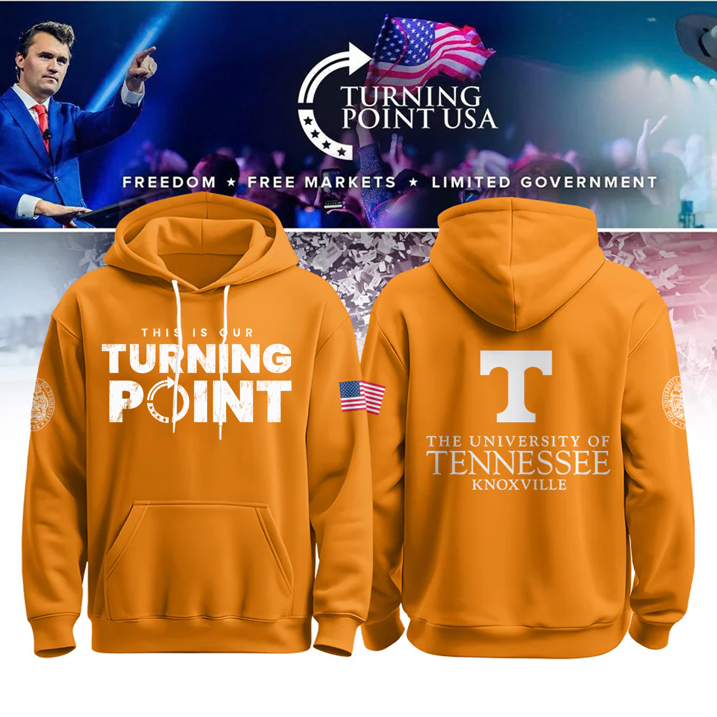 University of Tennessee, Knoxville x Turning Point USA Hoodie - Tennessee Vols Freedom Shirt Exclusive Design & 100% Cotton Fabric
