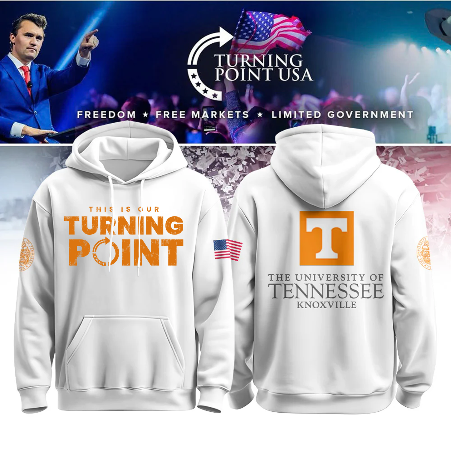 University of Tennessee, Knoxville x Turning Point USA Hoodie - Tennessee Vols Freedom Shirt Exclusive Design & 100% Cotton Fabric